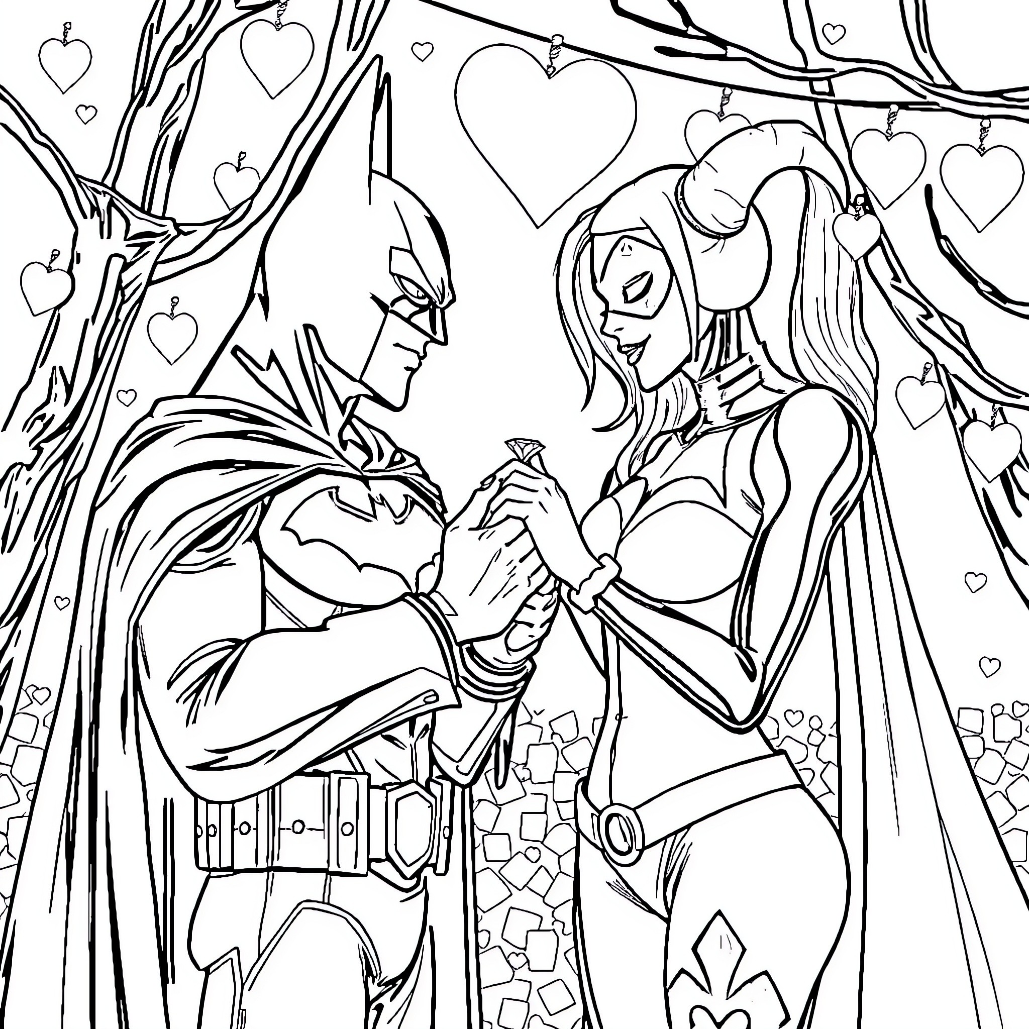 Batman and Harley Quinn in a romantic embrace Coloring Page (free black-and-white line drawing printable PDF for all, from beginners to advanced learners, including children, teens, adults, and seniors)