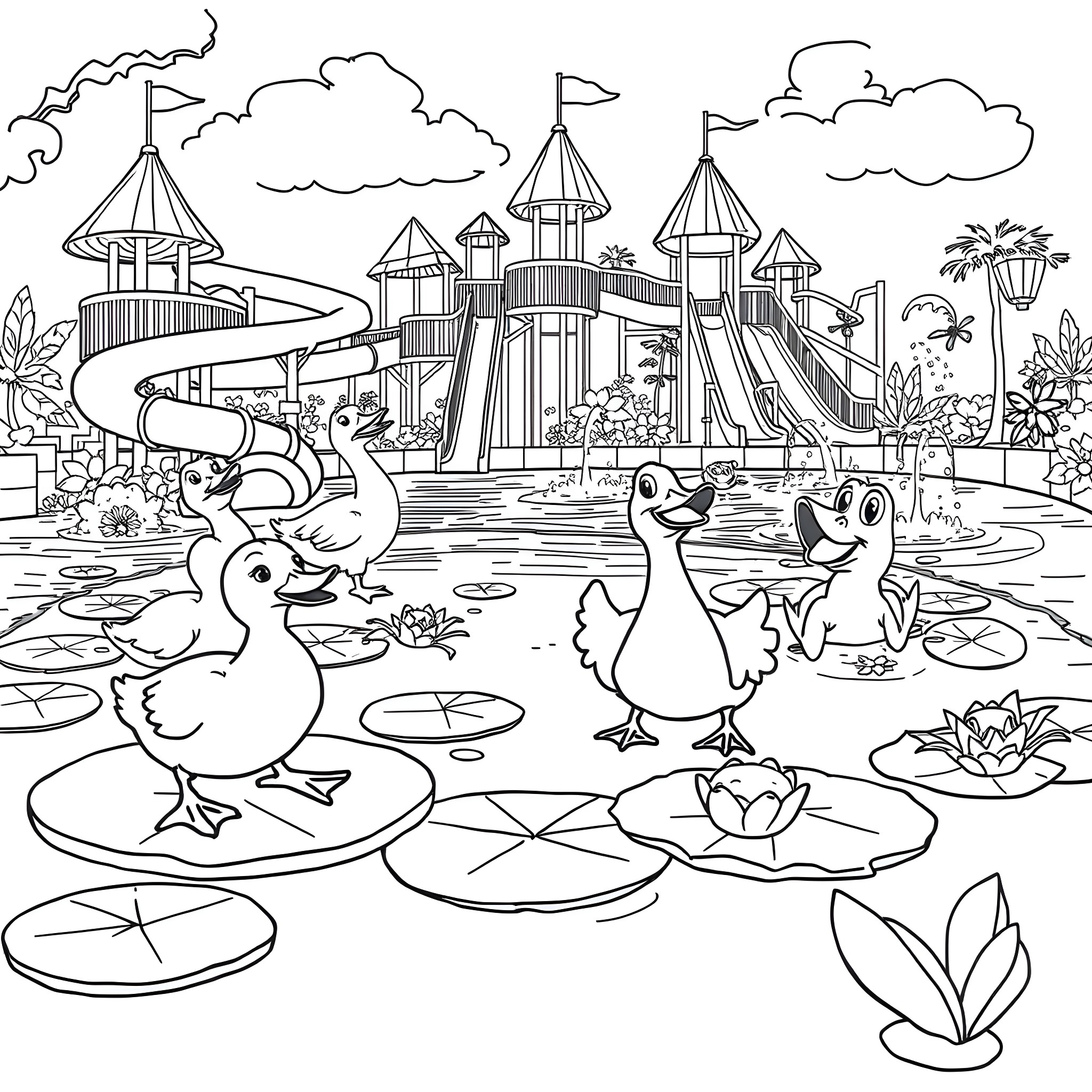 Duck Family Visiting Fun Water Park Coloring Page (free black-and-white line drawing printable PDF for all, from beginners to advanced learners, including children, teens, adults, and seniors)