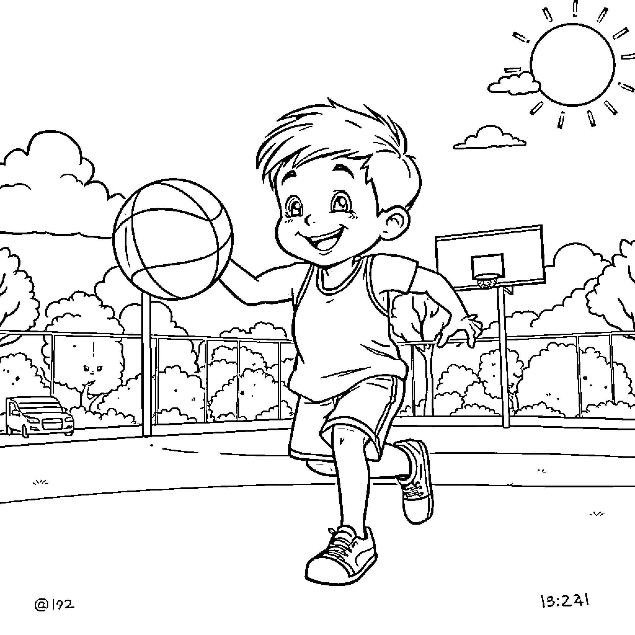 Boy playing happily with basketball in outdoor court Coloring Page (free black-and-white line drawing printable PDF for all, from beginners to advanced learners, including children, teens, adults, and seniors)