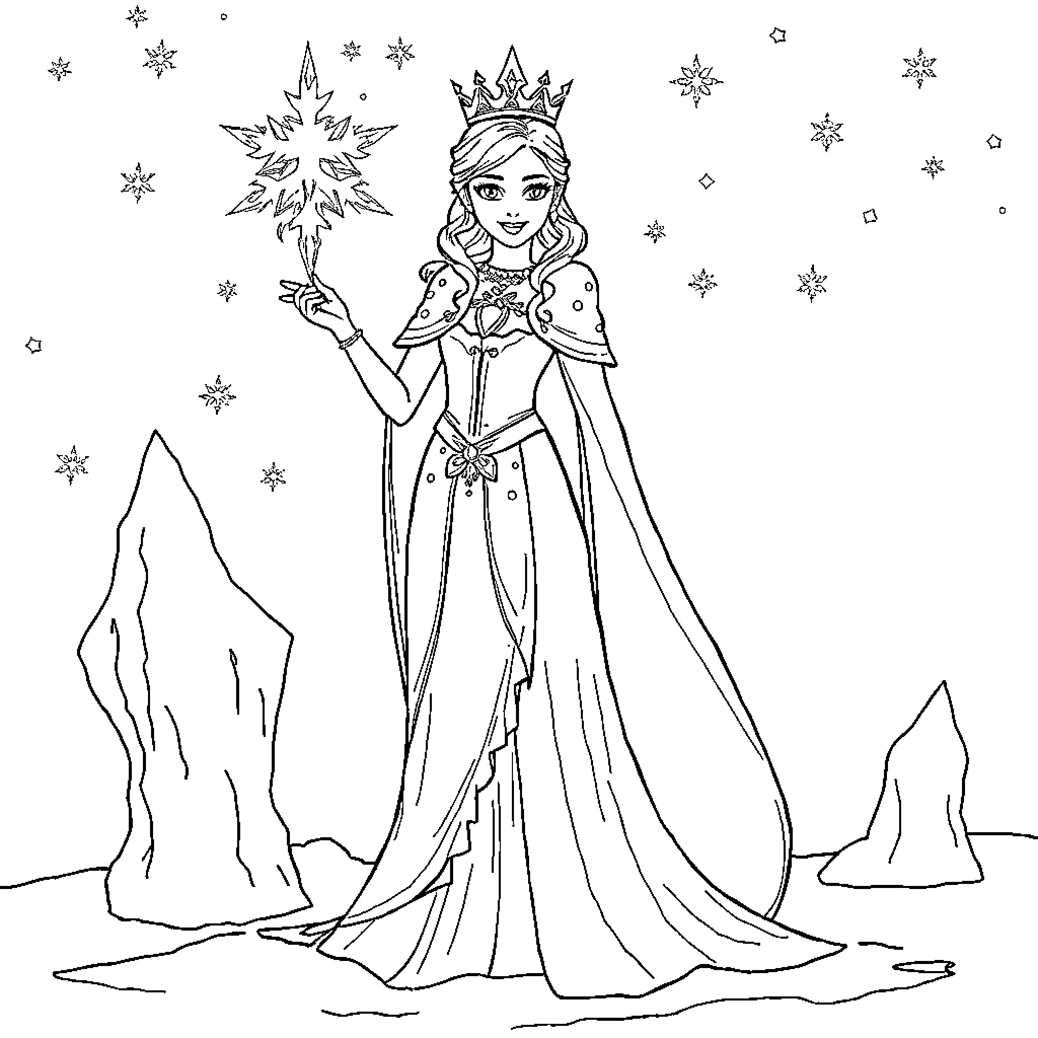 Queen Elsa in Elegant Winter Attire Coloring Page (free black-and-white line drawing printable PDF for all, from beginners to advanced learners, including children, teens, adults, and seniors)