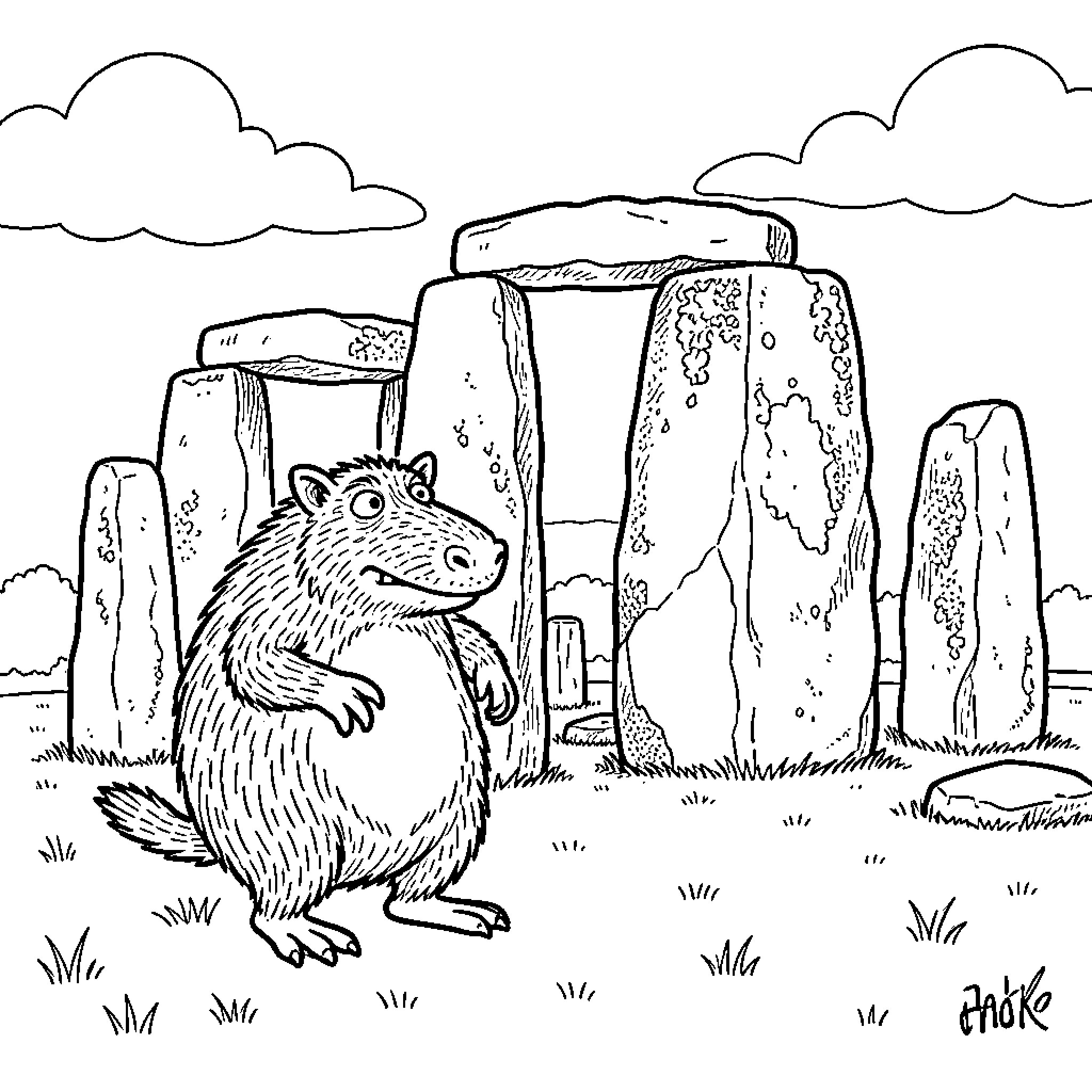 Gruffalo standing curiously among ancient standing stones Coloring Page (free black-and-white line drawing printable PDF for all, from beginners to advanced learners, including children, teens, adults, and seniors)