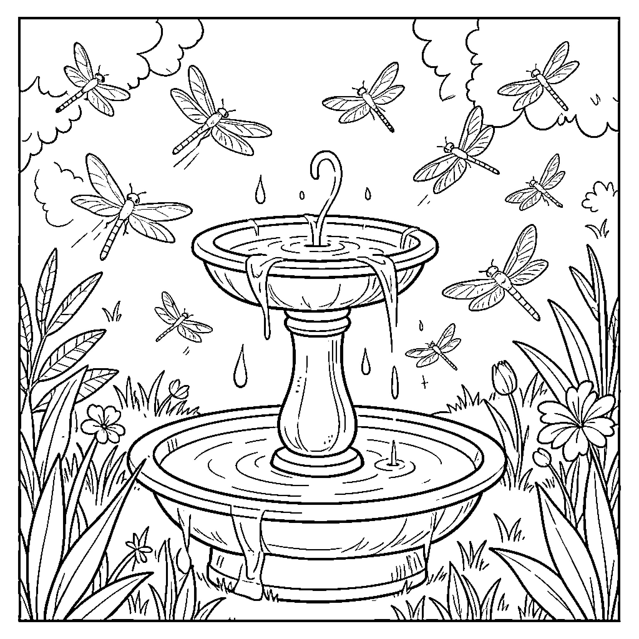 Dragonflies swarming around a birdbath fountain Coloring Page (free black-and-white line drawing printable PDF for all, from beginners to advanced learners, including children, teens, adults, and seniors)