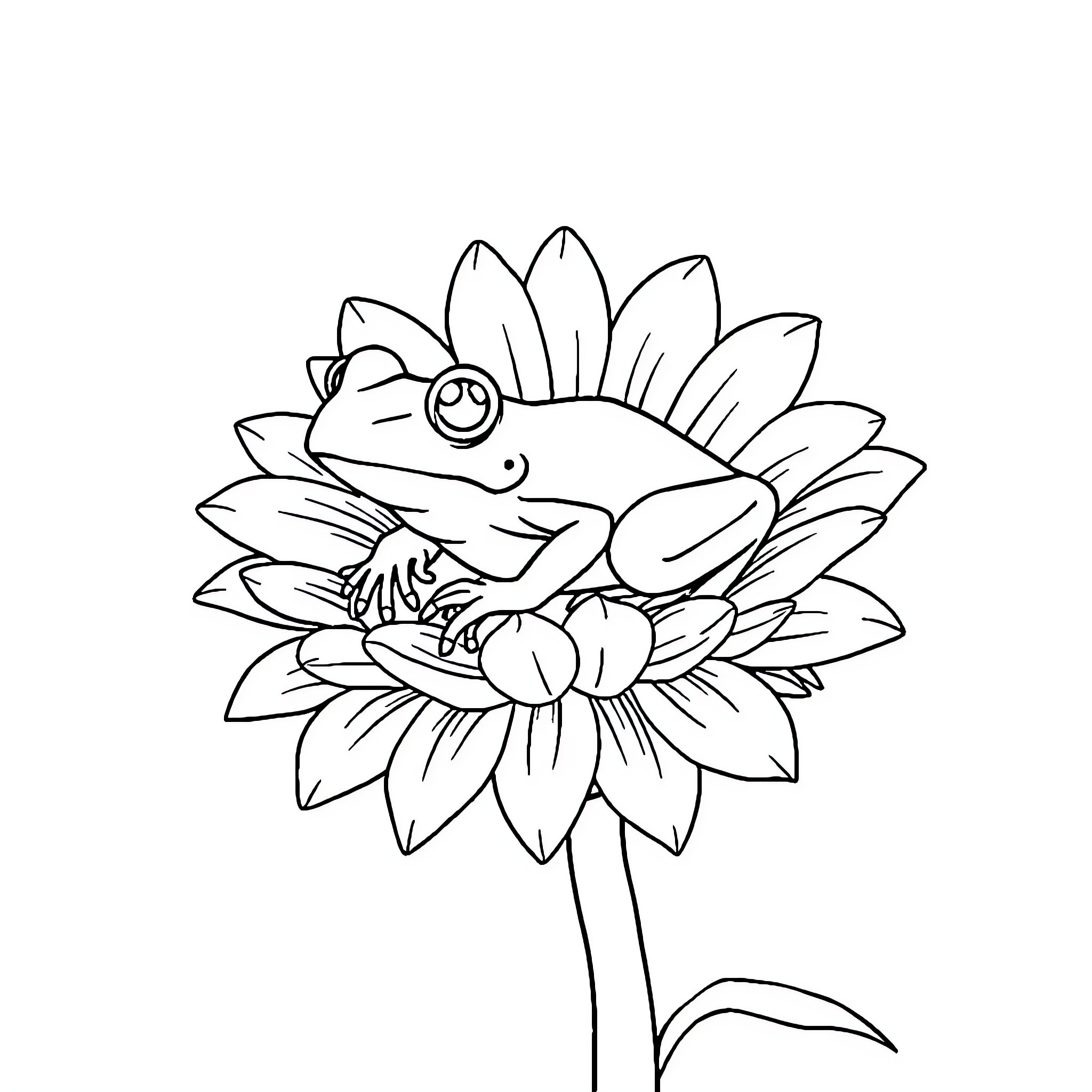Frog sitting on a flower Coloring Page (free black-and-white line drawing printable PDF for all, from beginners to advanced learners, including children, teens, adults, and seniors)