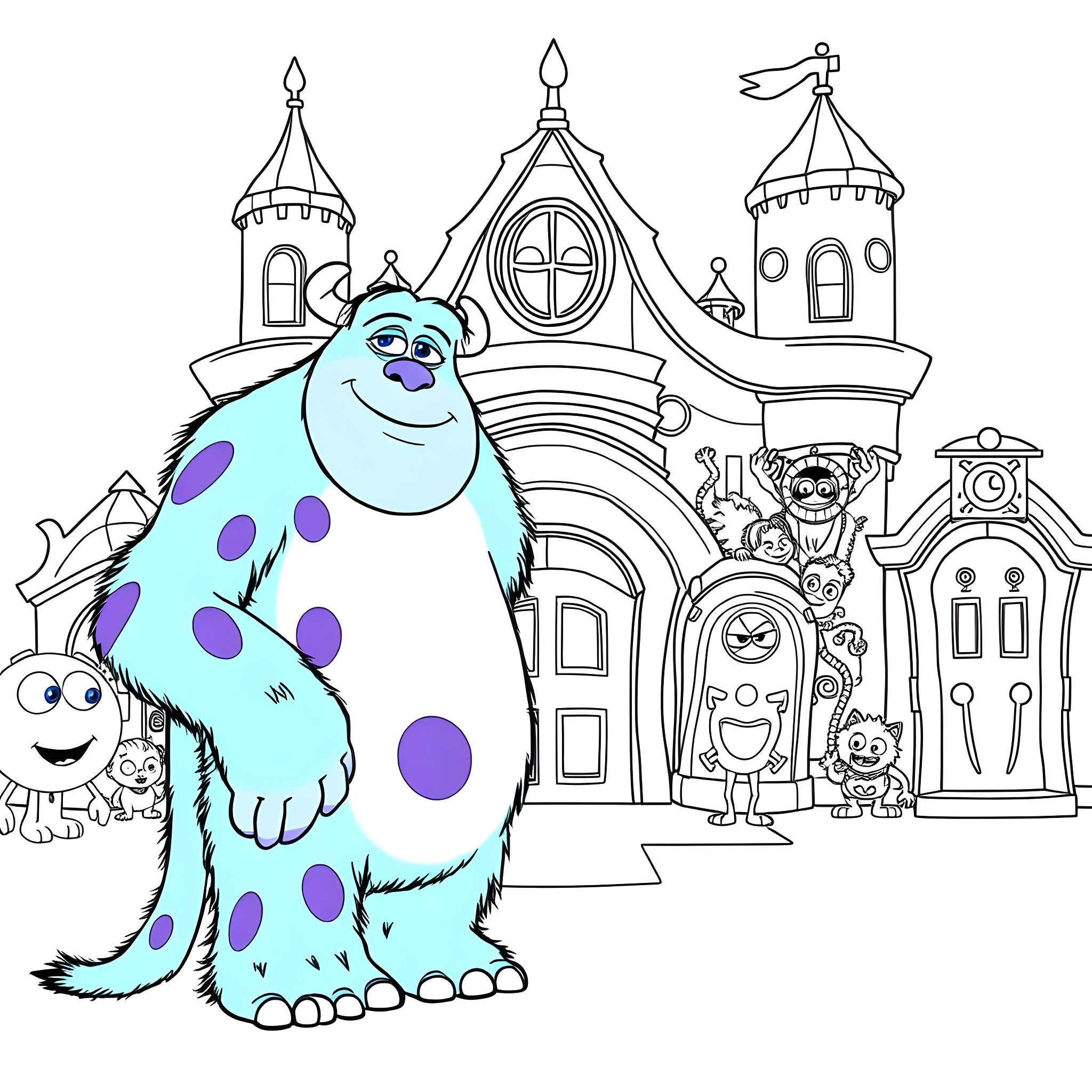Sulley and Friends in the Magical Castle Coloring Page (free black-and-white line drawing printable PDF for all, from beginners to advanced learners, including children, teens, adults, and seniors)