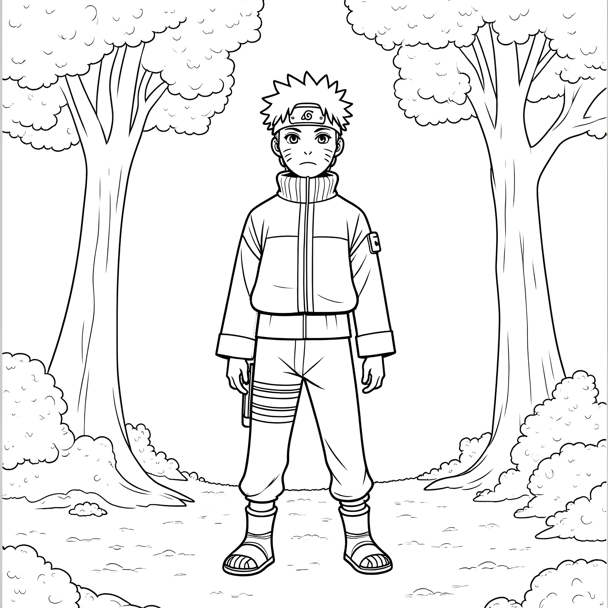 Naruto's Adventurous Exploration in the Forest Coloring Page (free black-and-white line drawing printable PDF for all, from beginners to advanced learners, including children, teens, adults, and seniors)