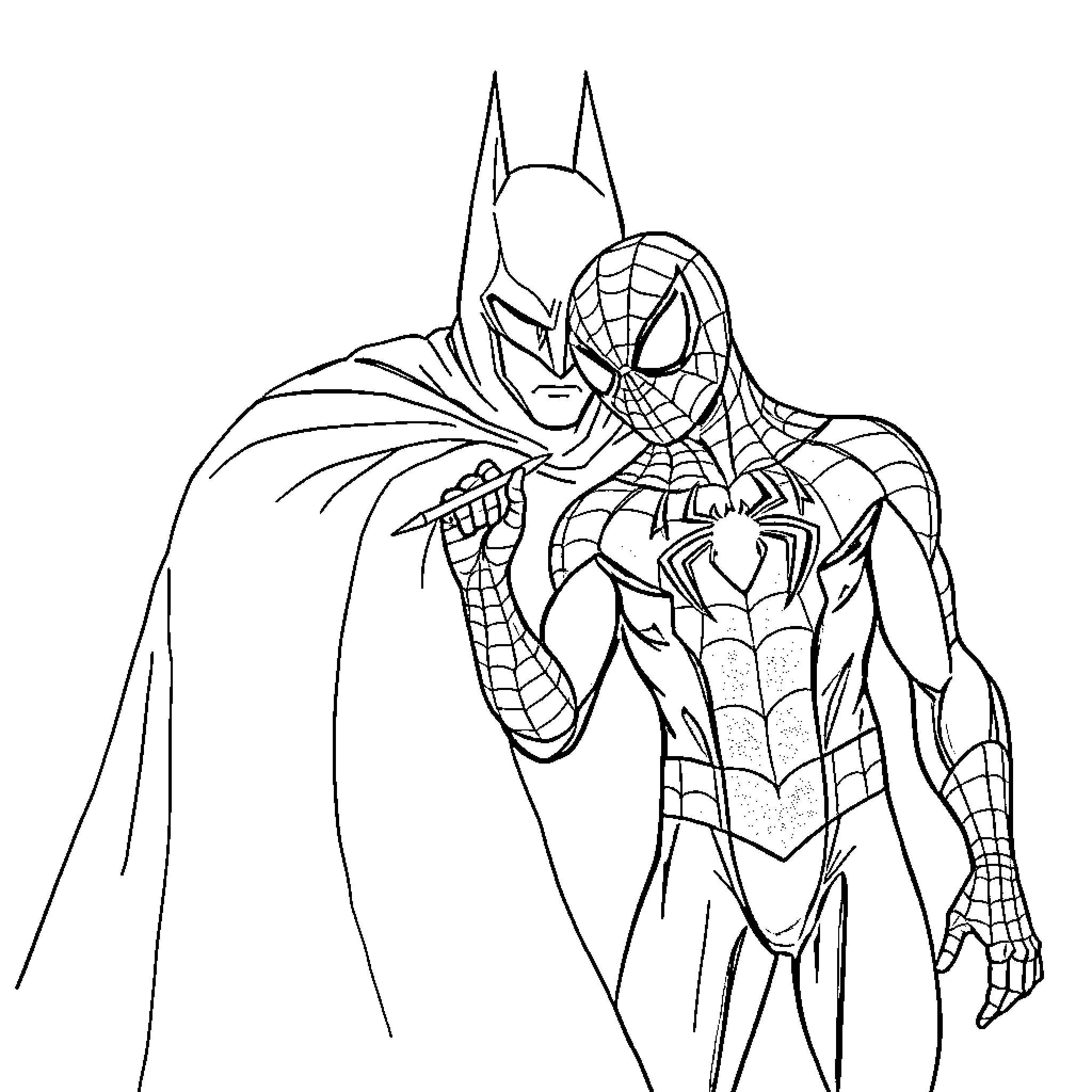 Spiderman and Batman in action Coloring Page (free black-and-white line drawing printable PDF for all, from beginners to advanced learners, including children, teens, adults, and seniors)