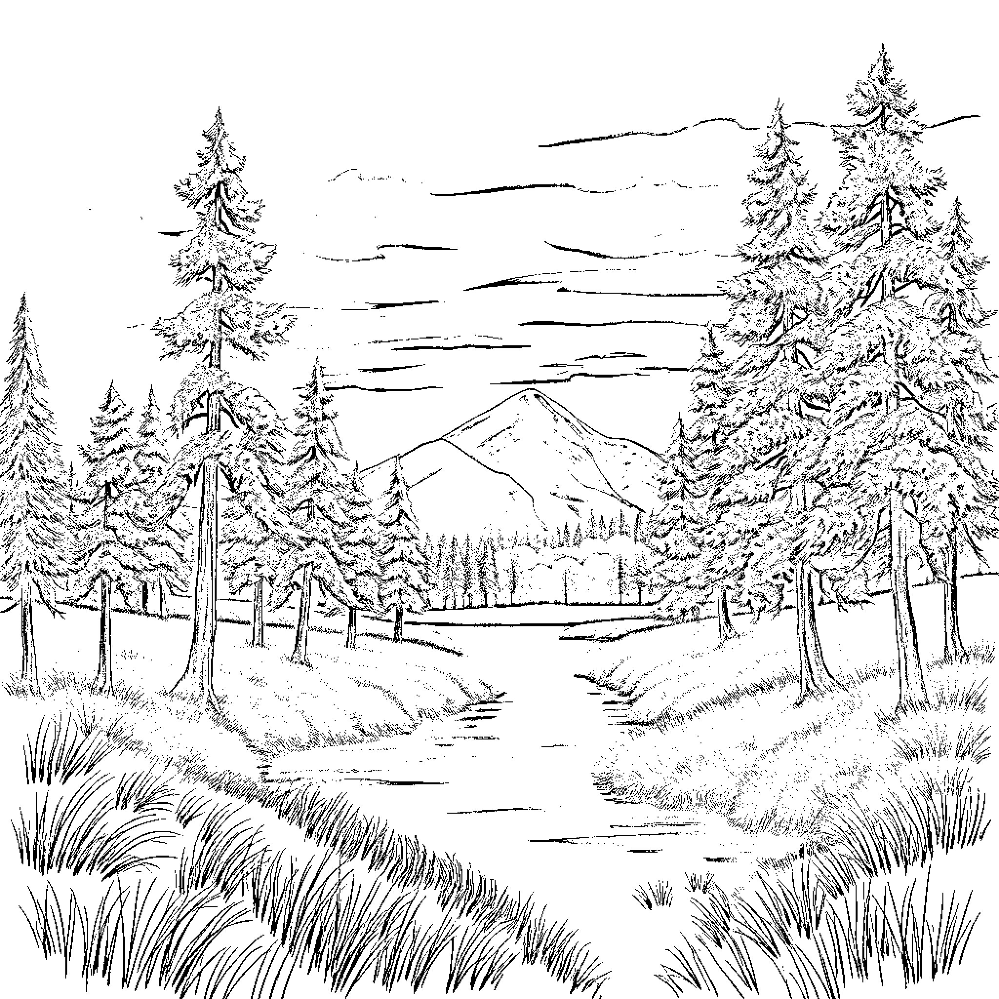 Landscape with snowy pine trees and mountain view Coloring Page (free black-and-white line drawing printable PDF for all, from beginners to advanced learners, including children, teens, adults, and seniors)