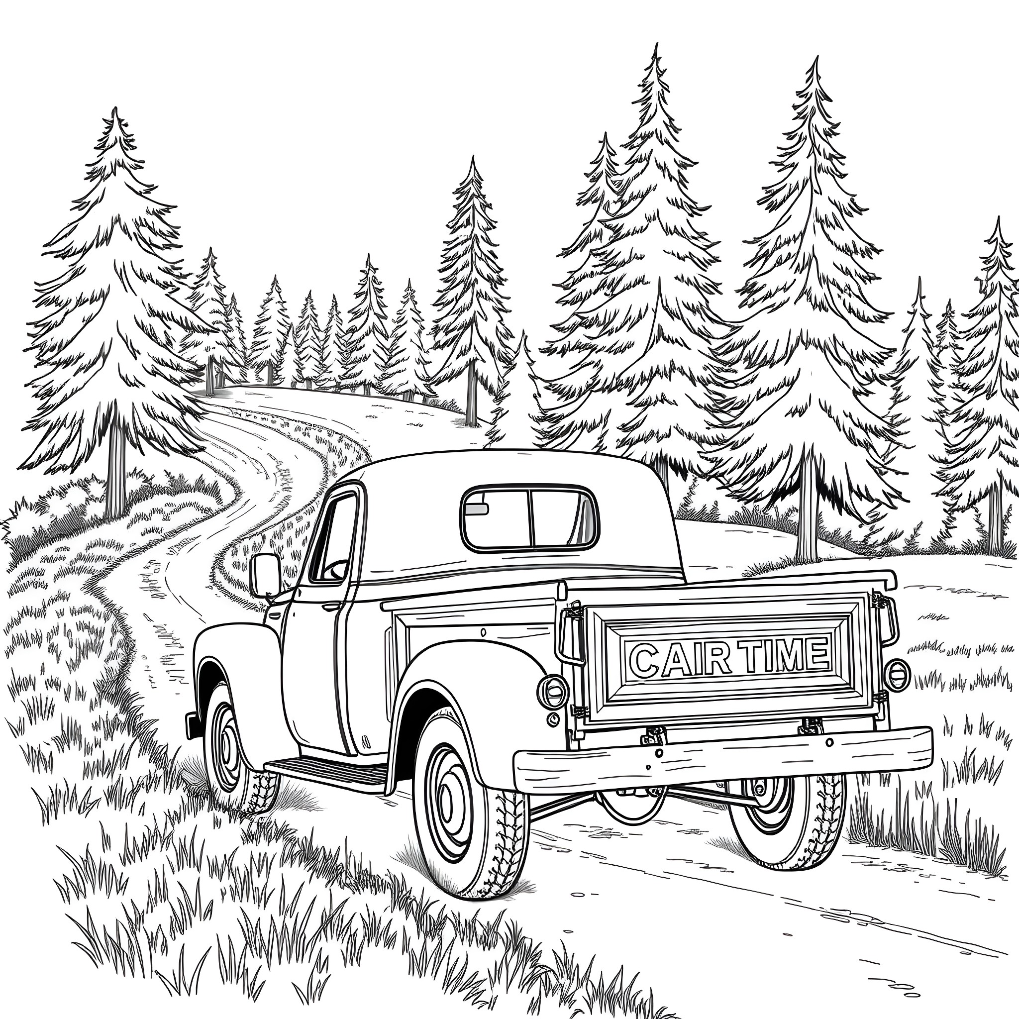 Truck on scenic mountain road in the forest Coloring Page (free black-and-white line drawing printable PDF for all, from beginners to advanced learners, including children, teens, adults, and seniors)
