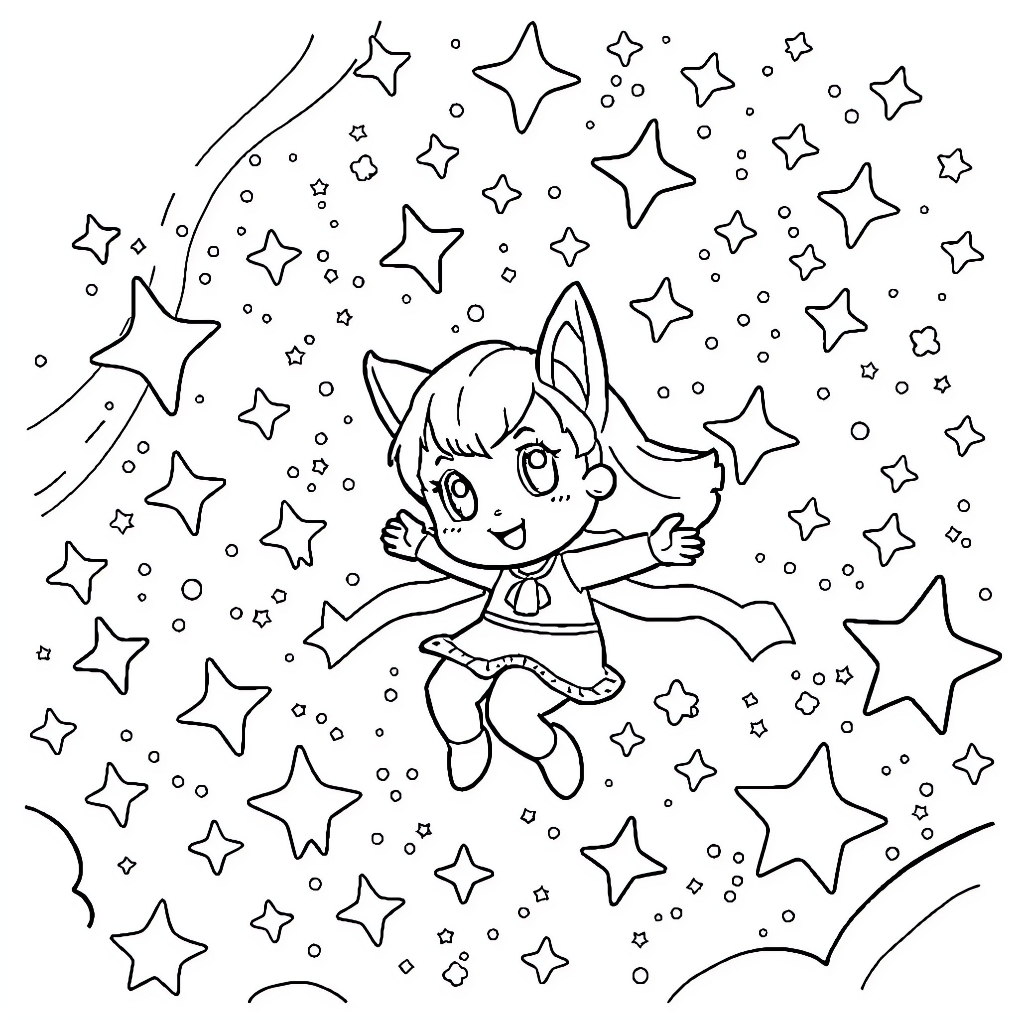 Kiki celebrating among the stars Coloring Page (free black-and-white line drawing printable PDF for all, from beginners to advanced learners, including children, teens, adults, and seniors)