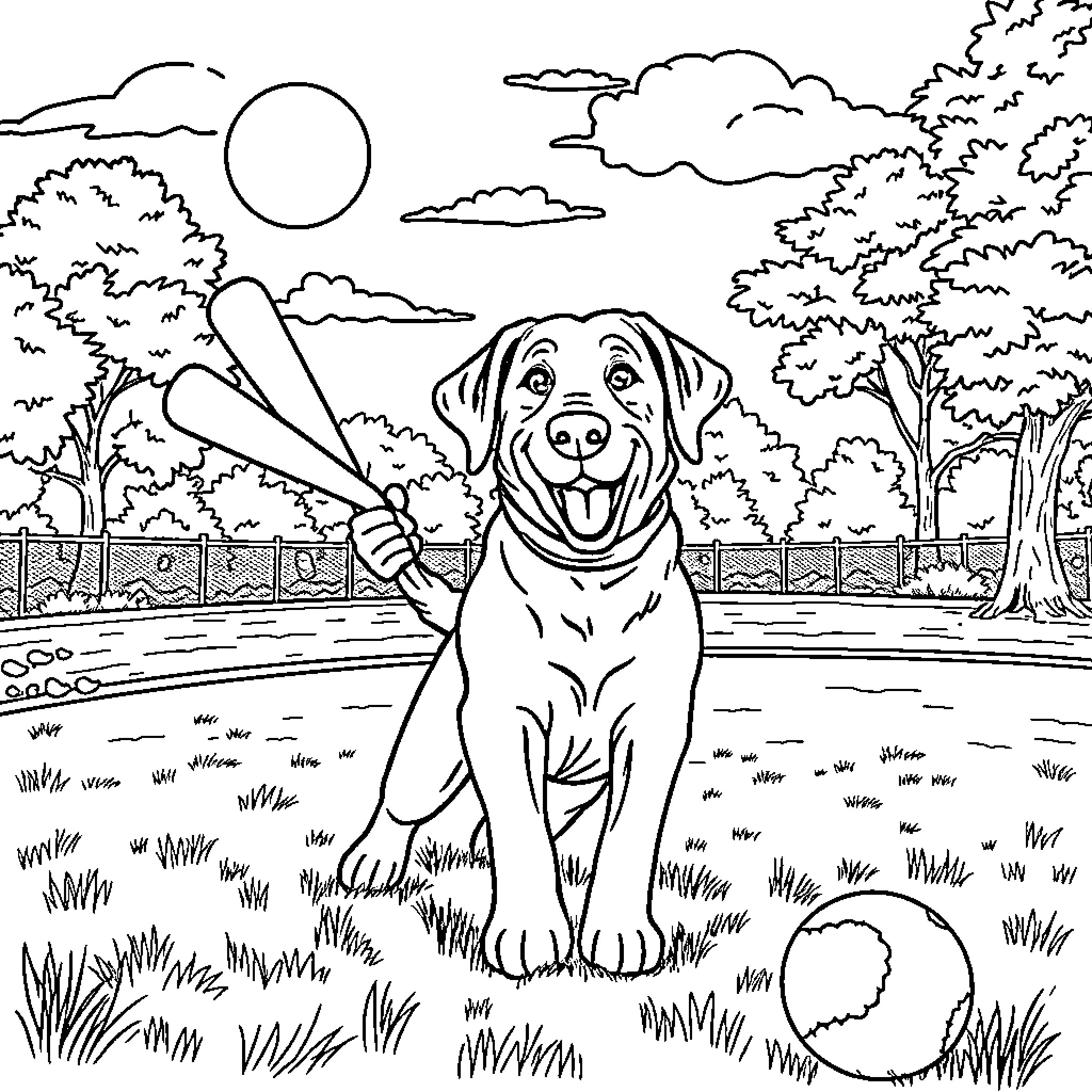 Labrador playing fetch in the park Coloring Page (free black-and-white line drawing printable PDF for all, from beginners to advanced learners, including children, teens, adults, and seniors)