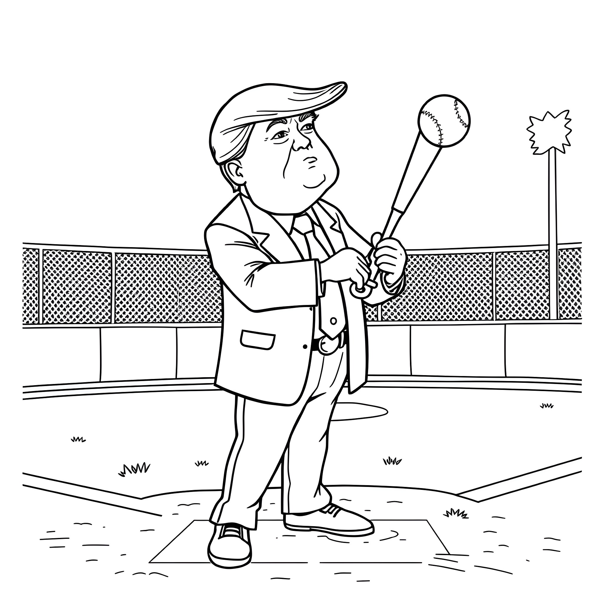 Donald Trump playing baseball in the stadium Coloring Page (free black-and-white line drawing printable PDF for all, from beginners to advanced learners, including children, teens, adults, and seniors)