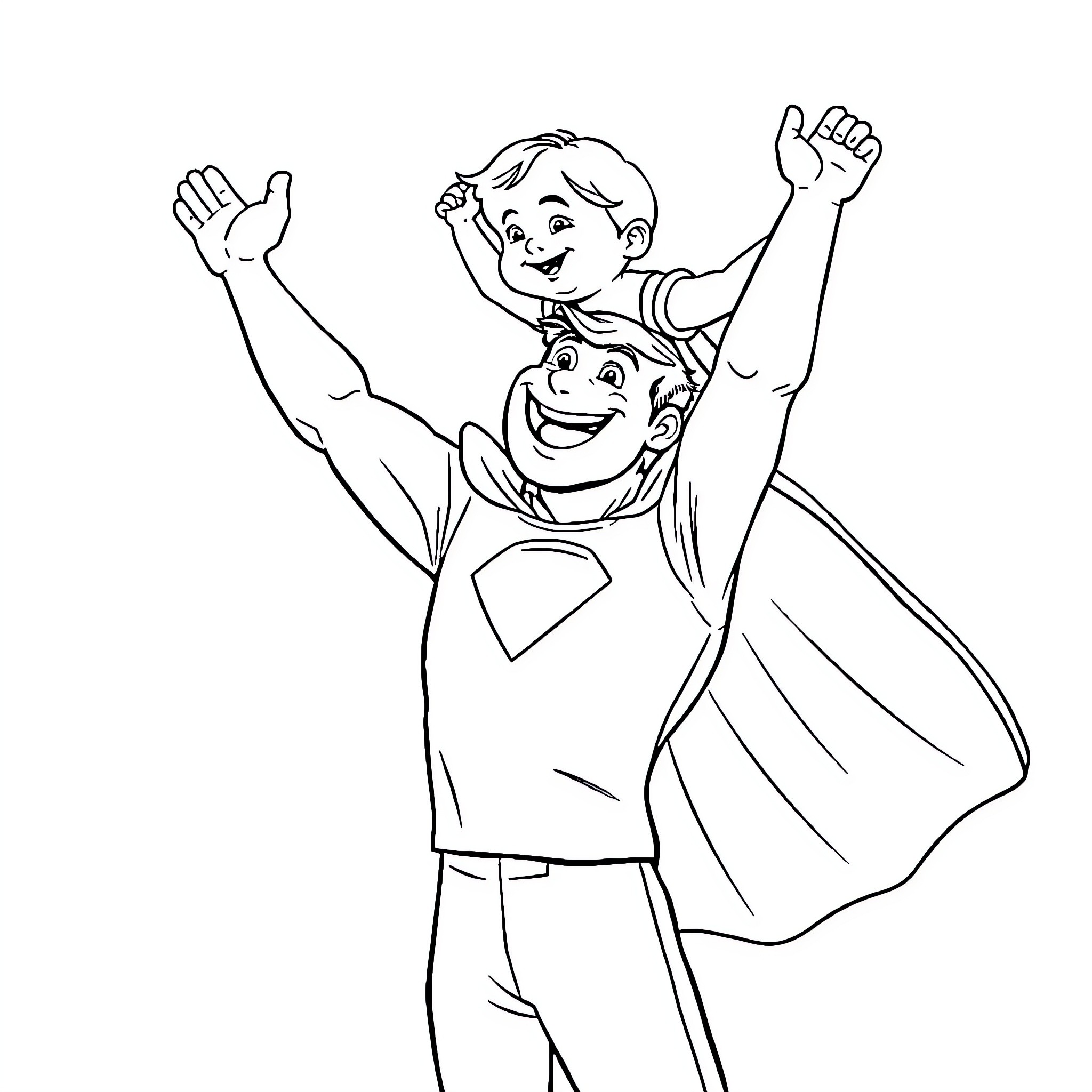 Superdad and son flying high with joy Coloring Page (free black-and-white line drawing printable PDF for all, from beginners to advanced learners, including children, teens, adults, and seniors)