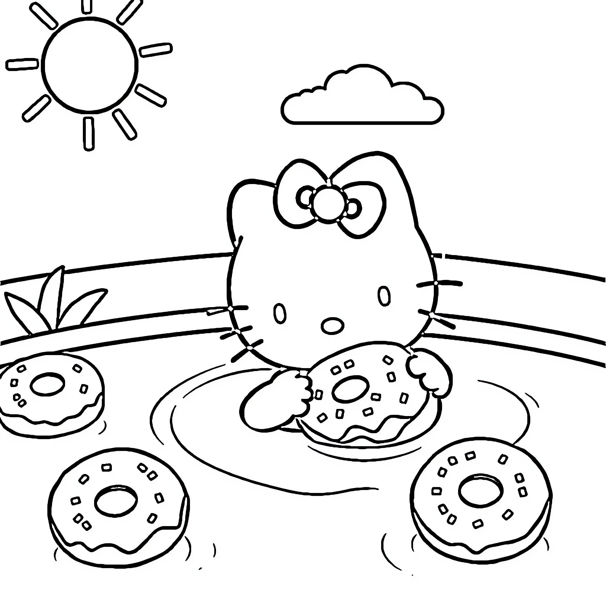 Hello Kitty enjoying donuts by the lake Coloring Page (free black-and-white line drawing printable PDF for all, from beginners to advanced learners, including children, teens, adults, and seniors)
