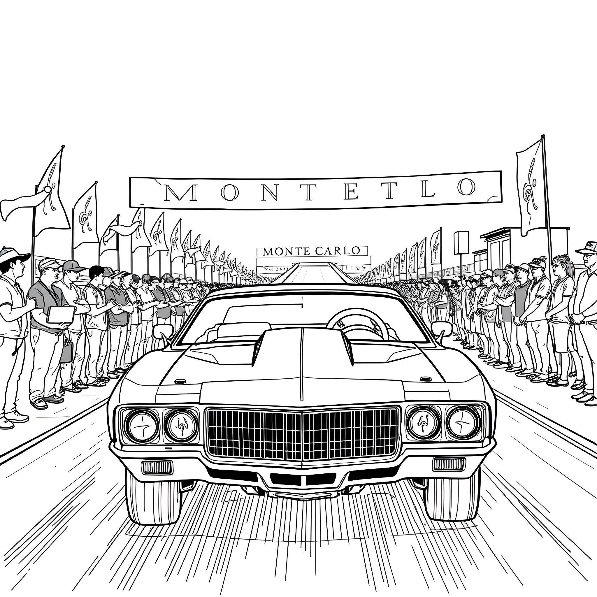 Drag Car Racing on Monteto Street Coloring Page (free black-and-white line drawing printable PDF for all, from beginners to advanced learners, including children, teens, adults, and seniors)