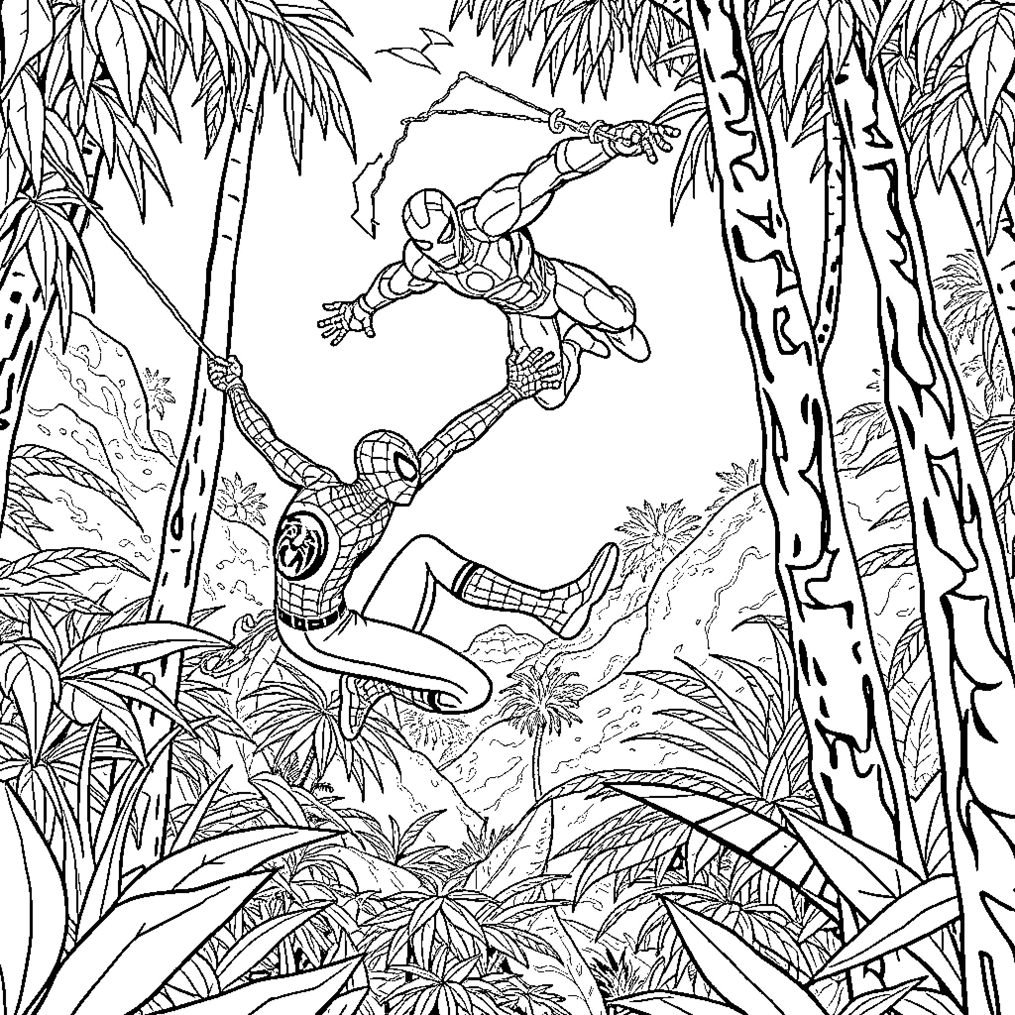 Spiderman battles in the jungle Coloring Page (free black-and-white line drawing printable PDF for all, from beginners to advanced learners, including children, teens, adults, and seniors)