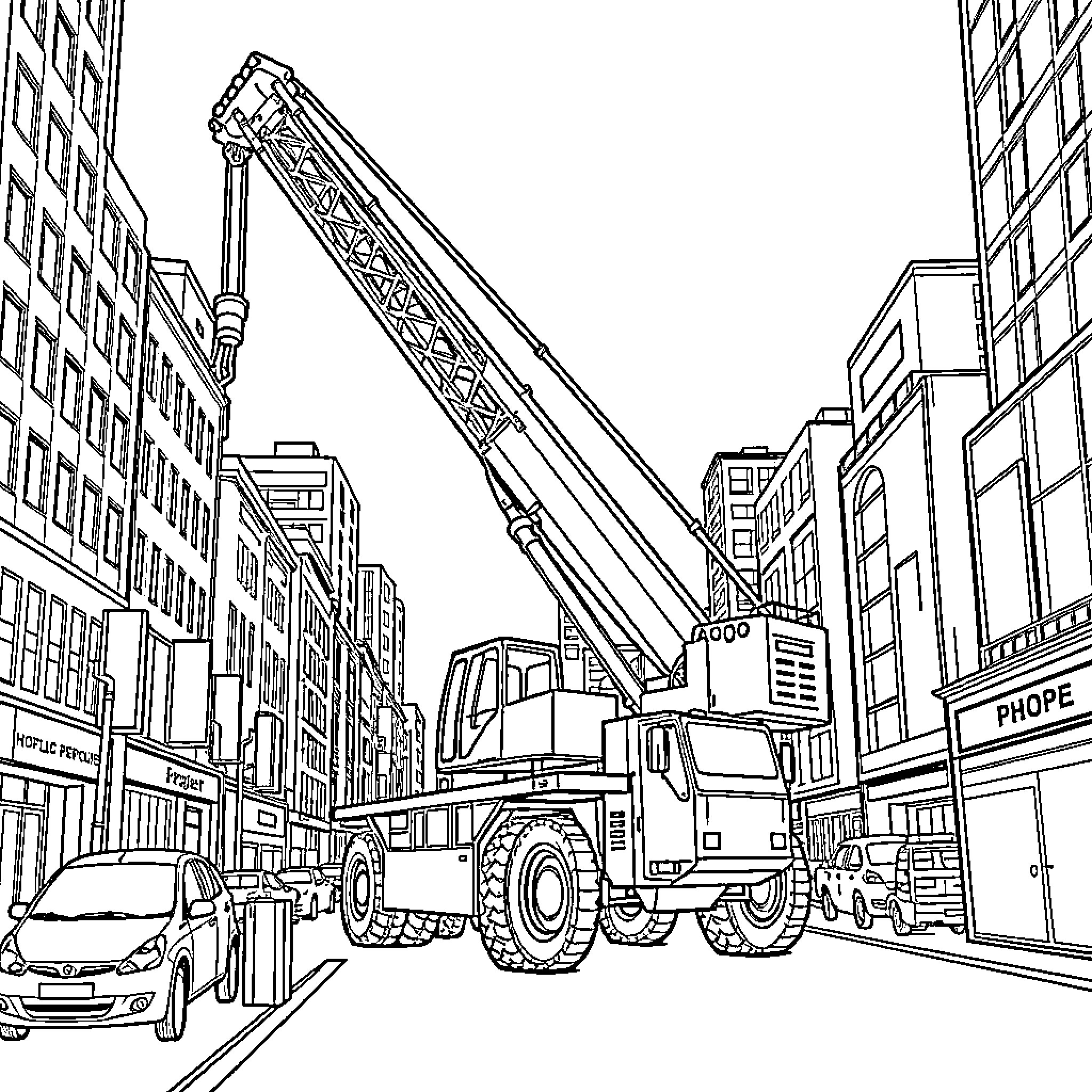 Mobile Crane Lifting Construction Equipment on City Street Coloring Page (free black-and-white line drawing printable PDF for all, from beginners to advanced learners, including children, teens, adults, and seniors)
