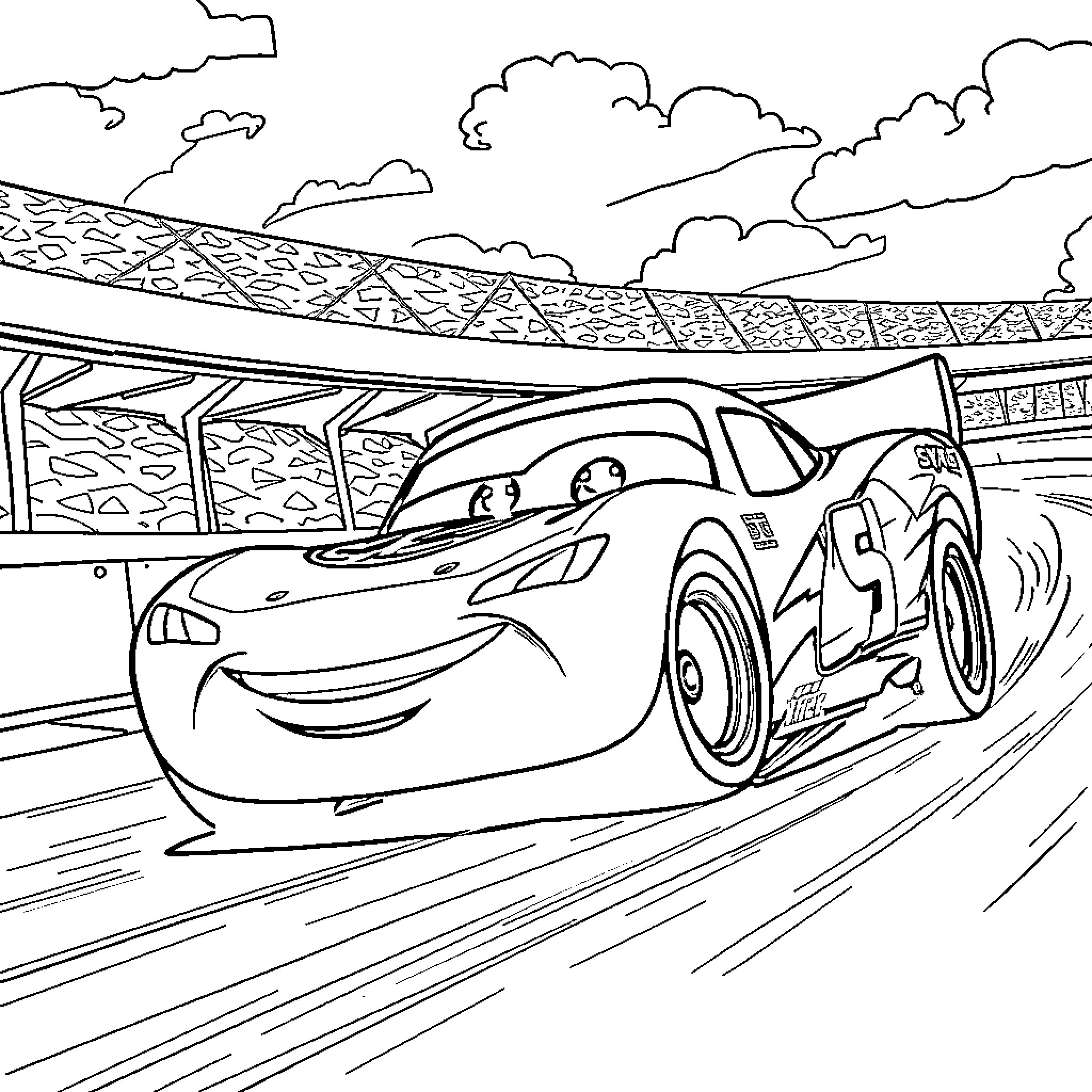 McQueen's Race on the Track Coloring Page (free black-and-white line drawing printable PDF for all, from beginners to advanced learners, including children, teens, adults, and seniors)