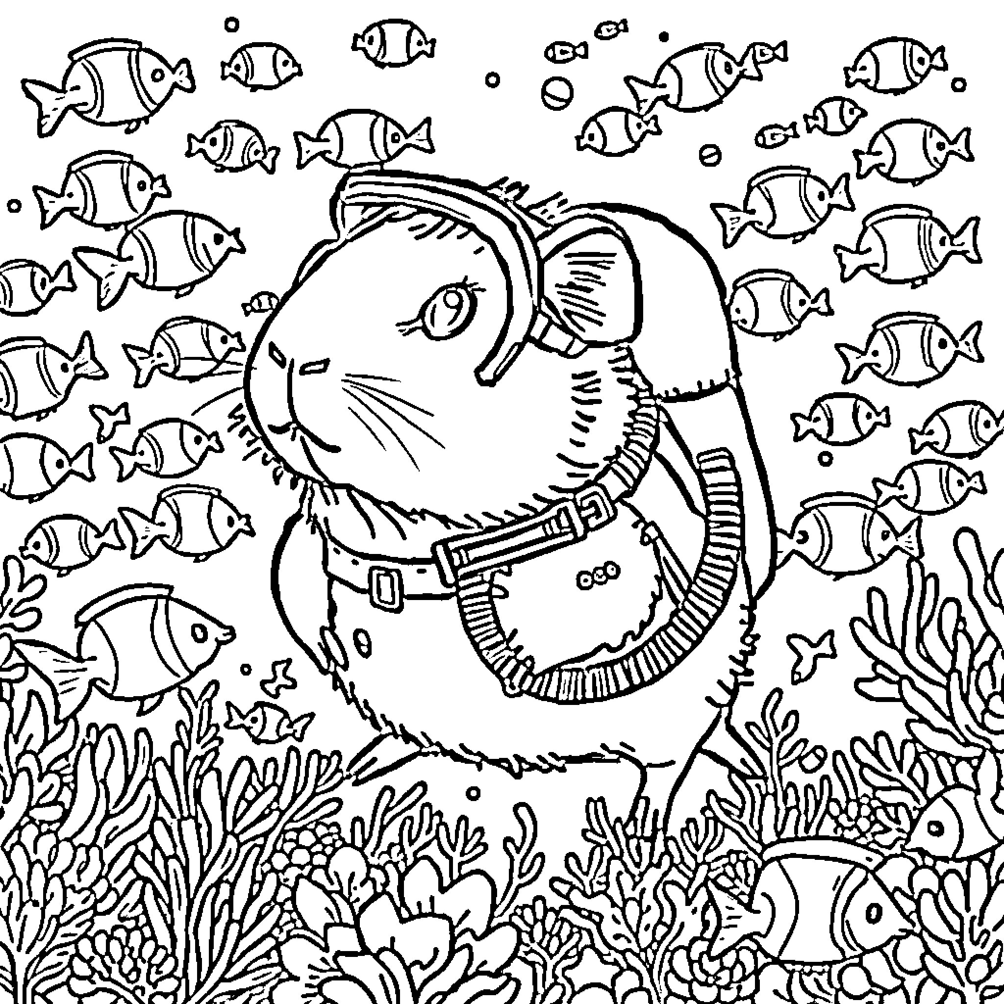 Guinea Pig Enjoying an Underwater Adventure Coloring Page (free black-and-white line drawing printable PDF for all, from beginners to advanced learners, including children, teens, adults, and seniors)
