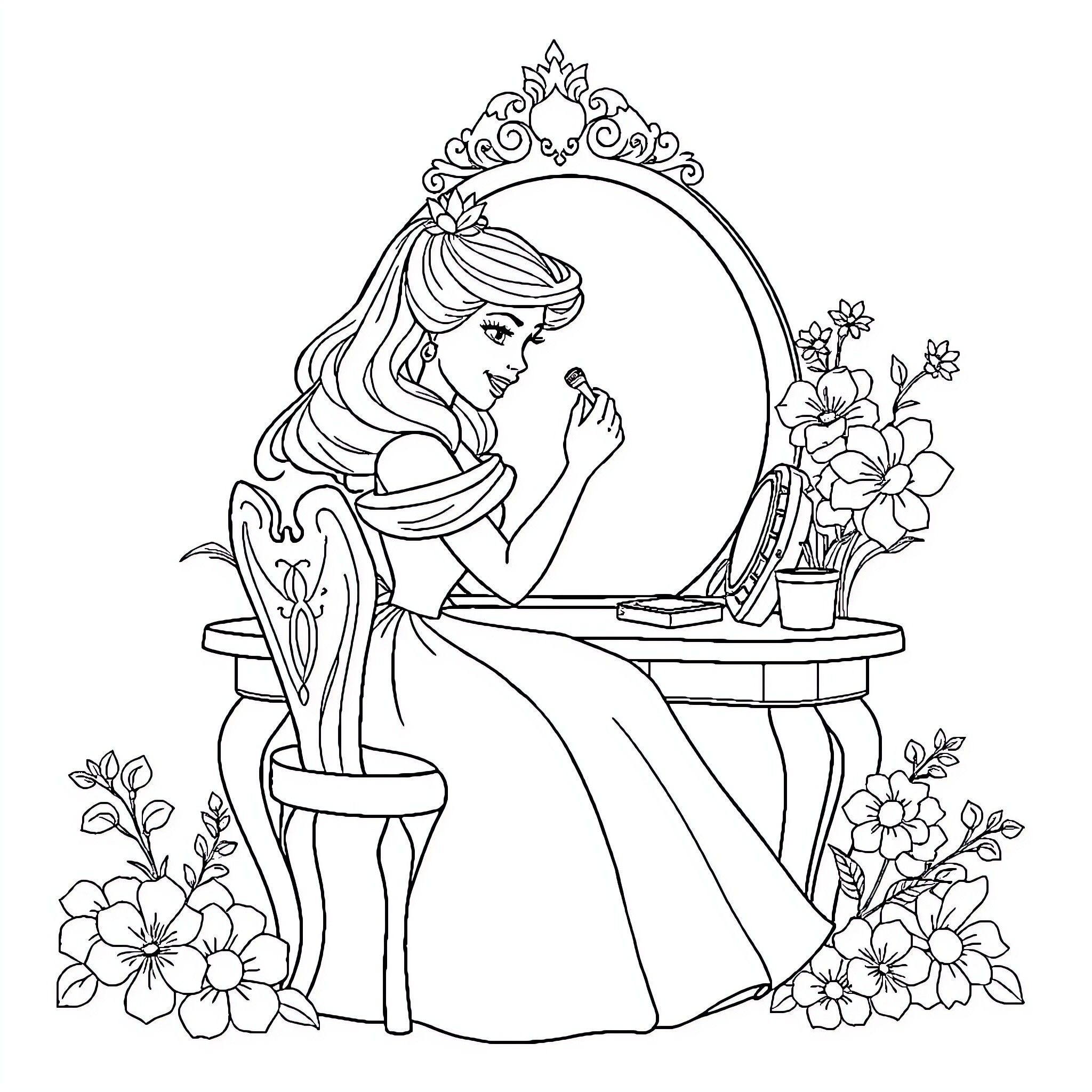 Princess Admiring Herself in the Mirror Coloring Page (free black-and-white line drawing printable PDF for all, from beginners to advanced learners, including children, teens, adults, and seniors)