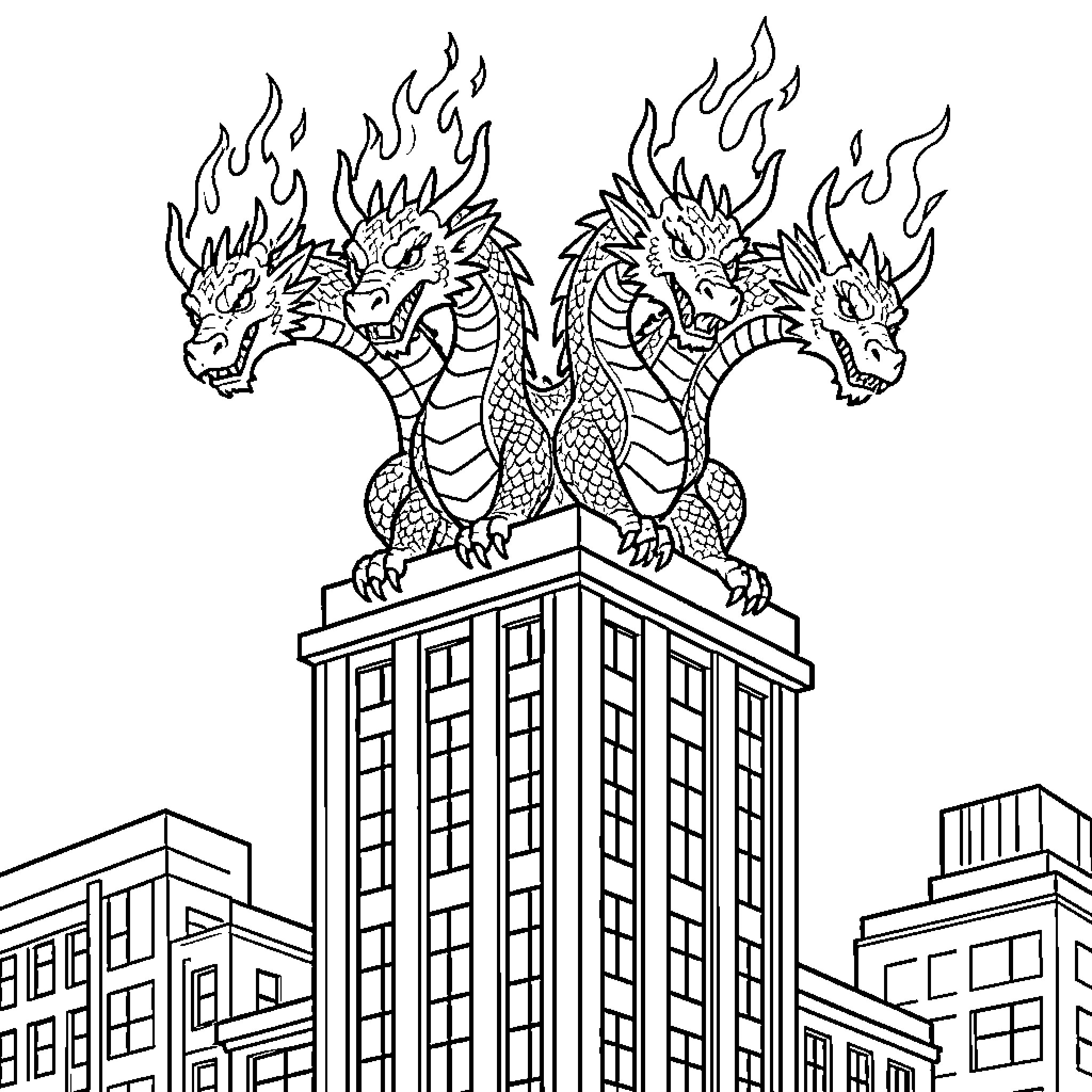 Dragon with multiple heads perched atop a skyscraper Coloring Page (free black-and-white line drawing printable PDF for all, from beginners to advanced learners, including children, teens, adults, and seniors)