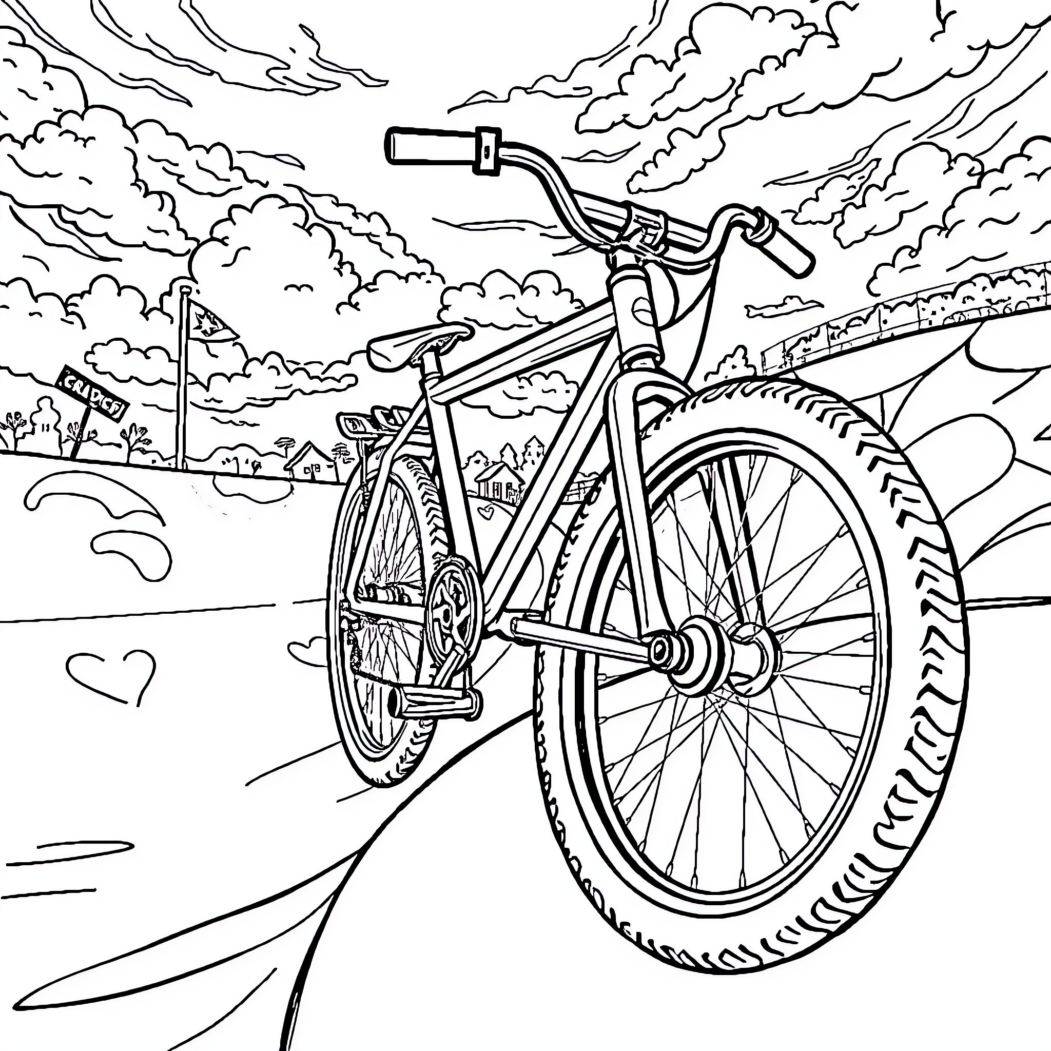 BMX Bike speeding through the city landscape Coloring Page (free black-and-white line drawing printable PDF for all, from beginners to advanced learners, including children, teens, adults, and seniors)