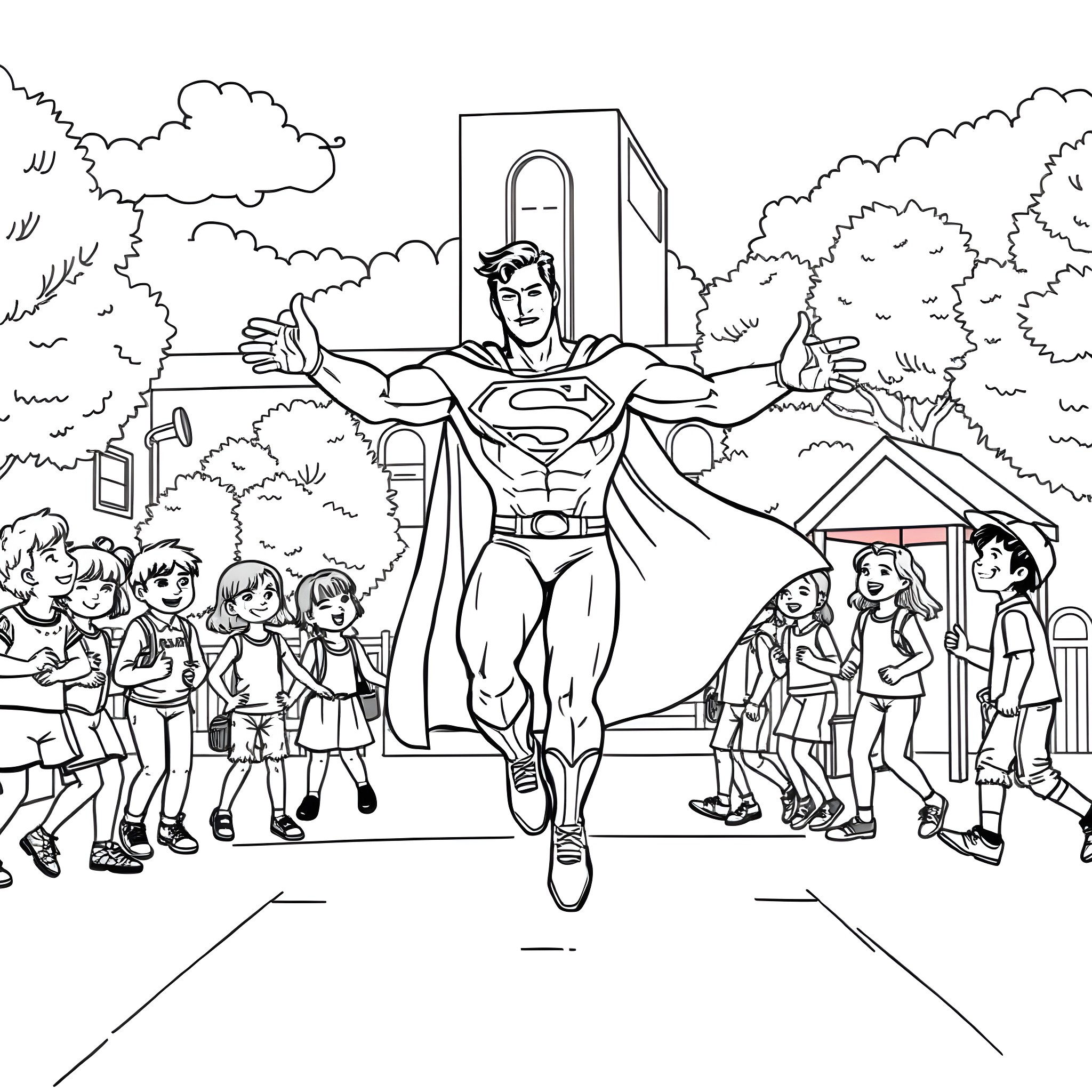 Superman Saving Children in a Park Coloring Page (free black-and-white line drawing printable PDF for all, from beginners to advanced learners, including children, teens, adults, and seniors)