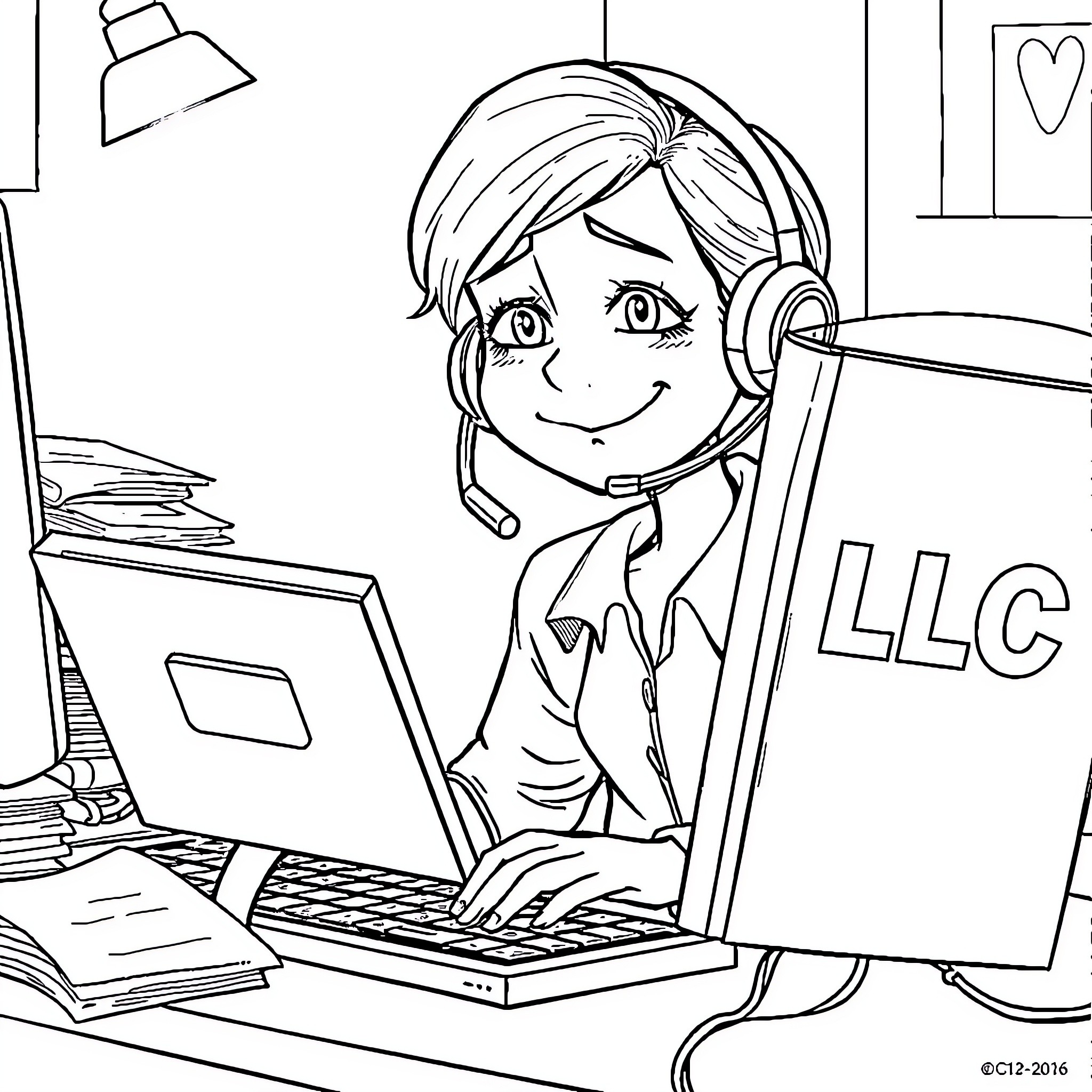 Customer Service Agent Assisting Client on Computer Coloring Page (free black-and-white line drawing printable PDF for all, from beginners to advanced learners, including children, teens, adults, and seniors)