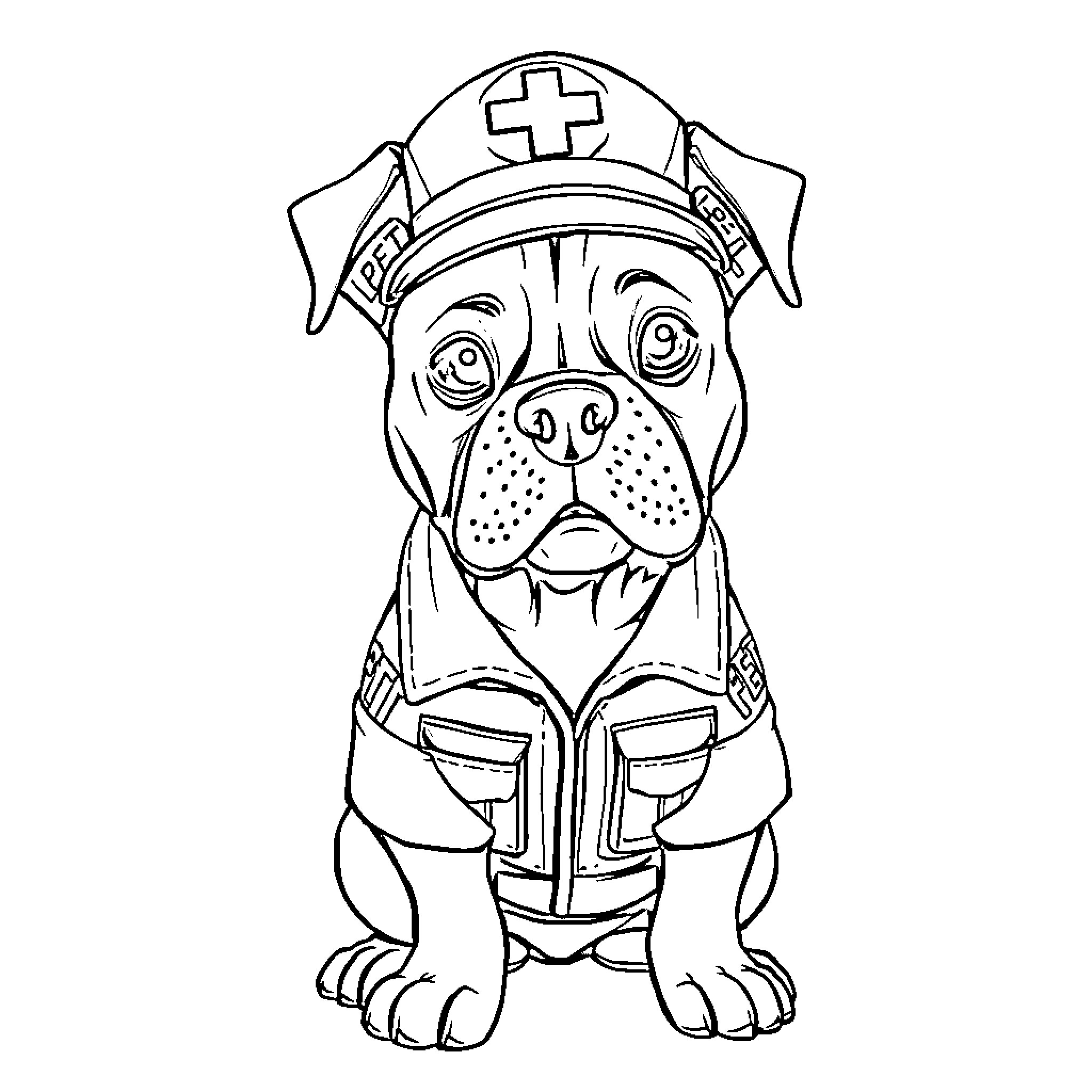 Pit Bull Wearing Nurse Uniform and Holding Clipboard Coloring Page (free black-and-white line drawing printable PDF for all, from beginners to advanced learners, including children, teens, adults, and seniors)