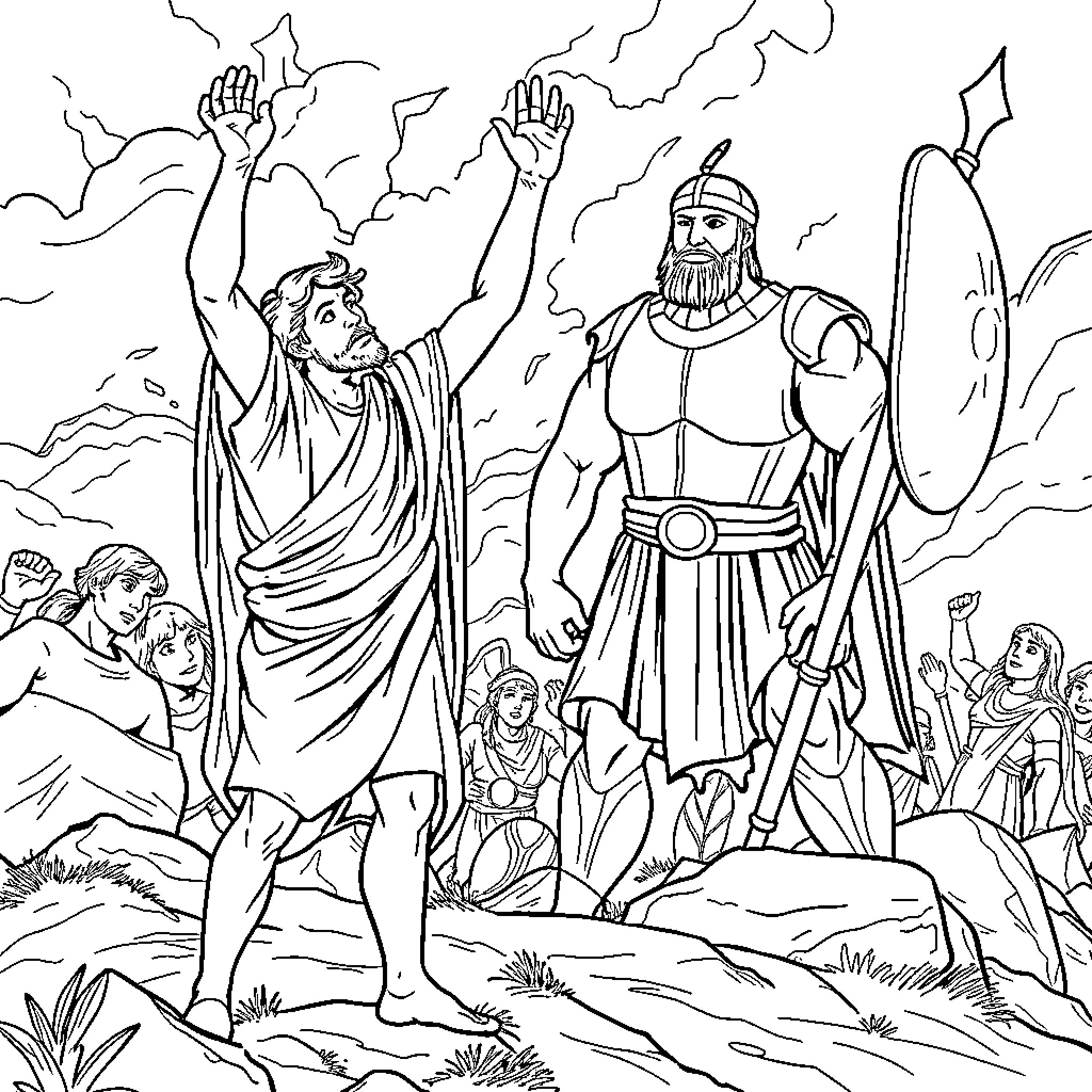 David Ascending to Throne Amid Warrior Entourage Coloring Page (free black-and-white line drawing printable PDF for all, from beginners to advanced learners, including children, teens, adults, and seniors)