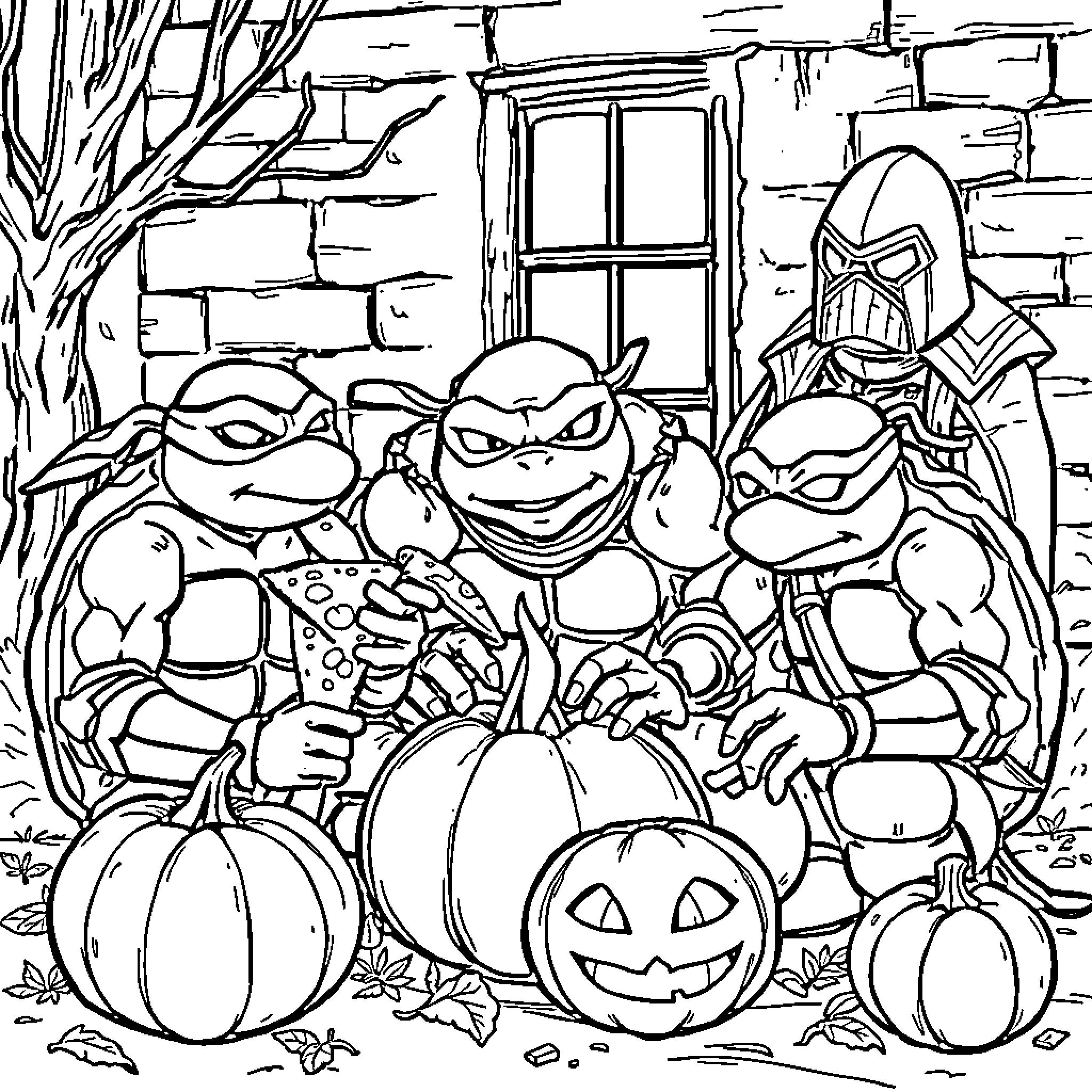 Teenage Mutant Ninja Turtles in Halloween Costumes and Pumpkins Coloring Page (free black-and-white line drawing printable PDF for all, from beginners to advanced learners, including children, teens, adults, and seniors)