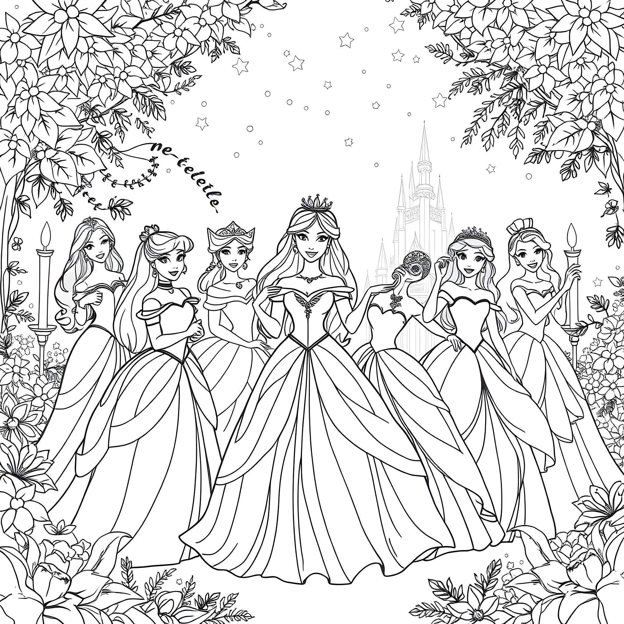 Disney Princesses in Elegant Dresses and Floral Surroundings Coloring Page (free black-and-white line drawing printable PDF for all, from beginners to advanced learners, including children, teens, adults, and seniors)