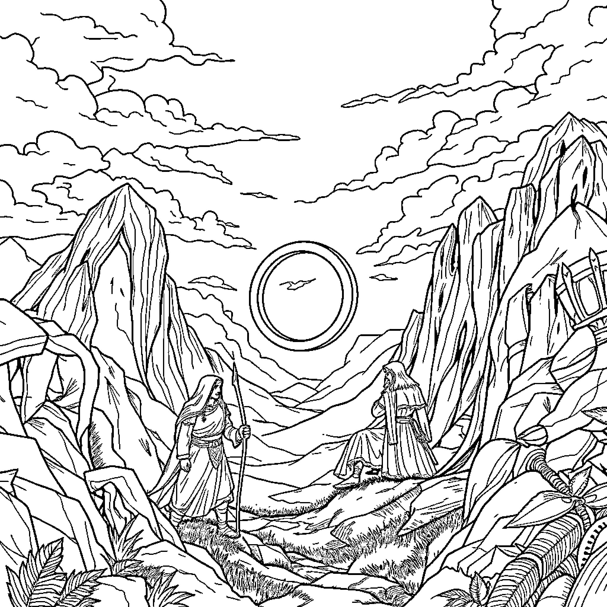 Lord of the Rings: Majestic Mountain Landscapes and Adventurous Characters Coloring Page (free black-and-white line drawing printable PDF for all, from beginners to advanced learners, including children, teens, adults, and seniors)