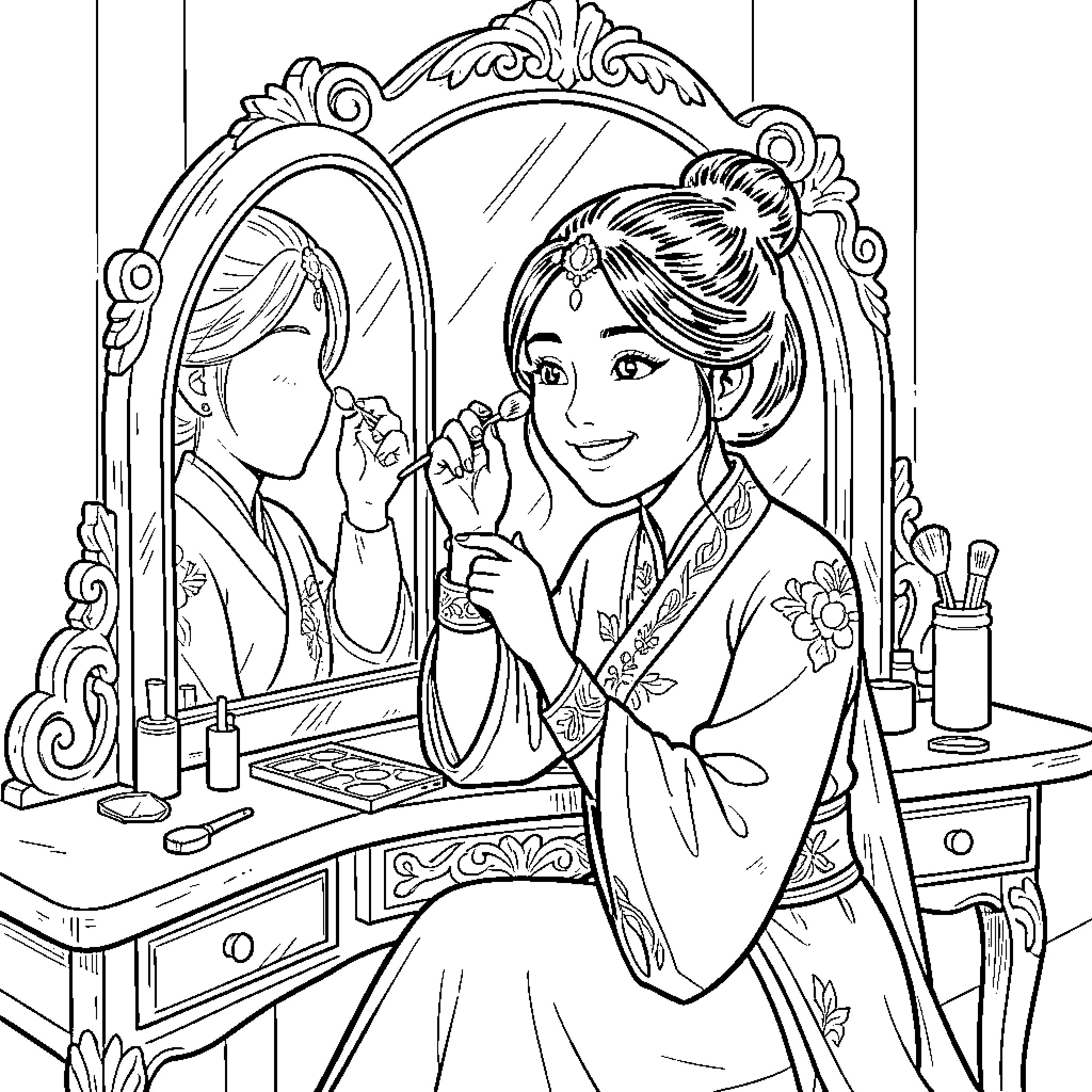 Mulan Preparing for Her Transformation Coloring Page (free black-and-white line drawing printable PDF for all, from beginners to advanced learners, including children, teens, adults, and seniors)