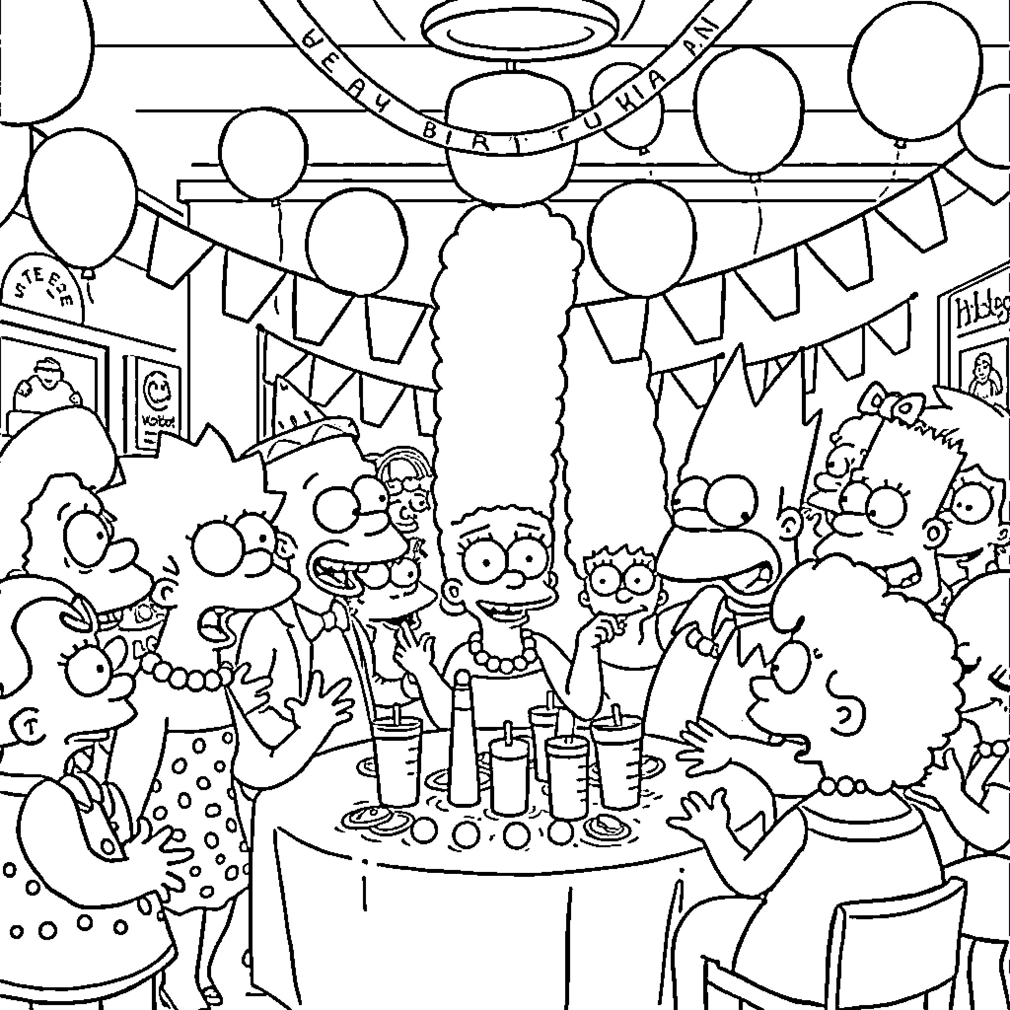 Simpson family celebrating a festive occasion Coloring Page (free black-and-white line drawing printable PDF for all, from beginners to advanced learners, including children, teens, adults, and seniors)