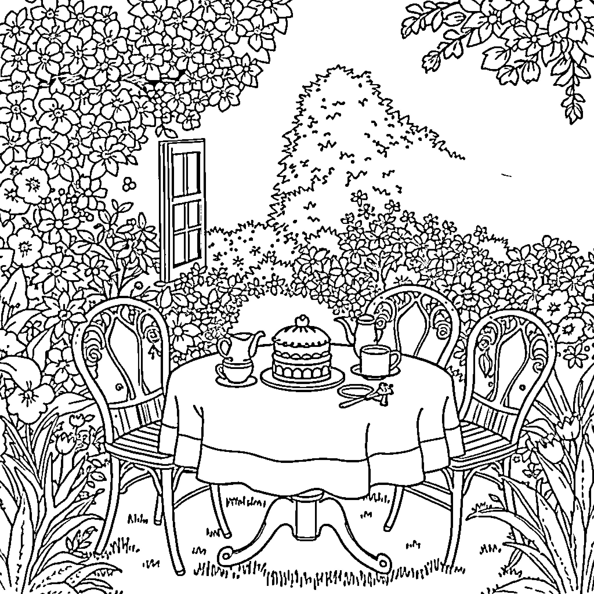 Table set for tea in lush garden Coloring Page (free black-and-white line drawing printable PDF for all, from beginners to advanced learners, including children, teens, adults, and seniors)