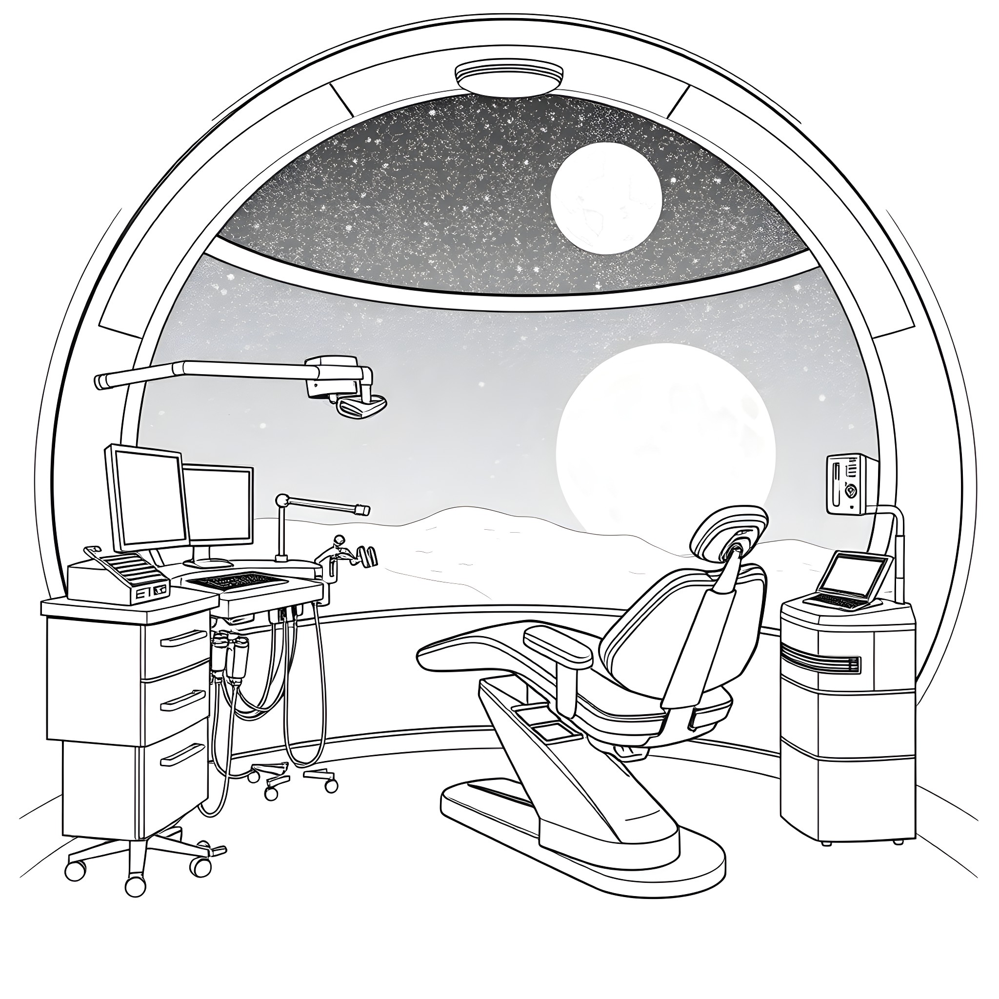 Dentist's office with nighttime landscape Coloring Page (free black-and-white line drawing printable PDF for all, from beginners to advanced learners, including children, teens, adults, and seniors)