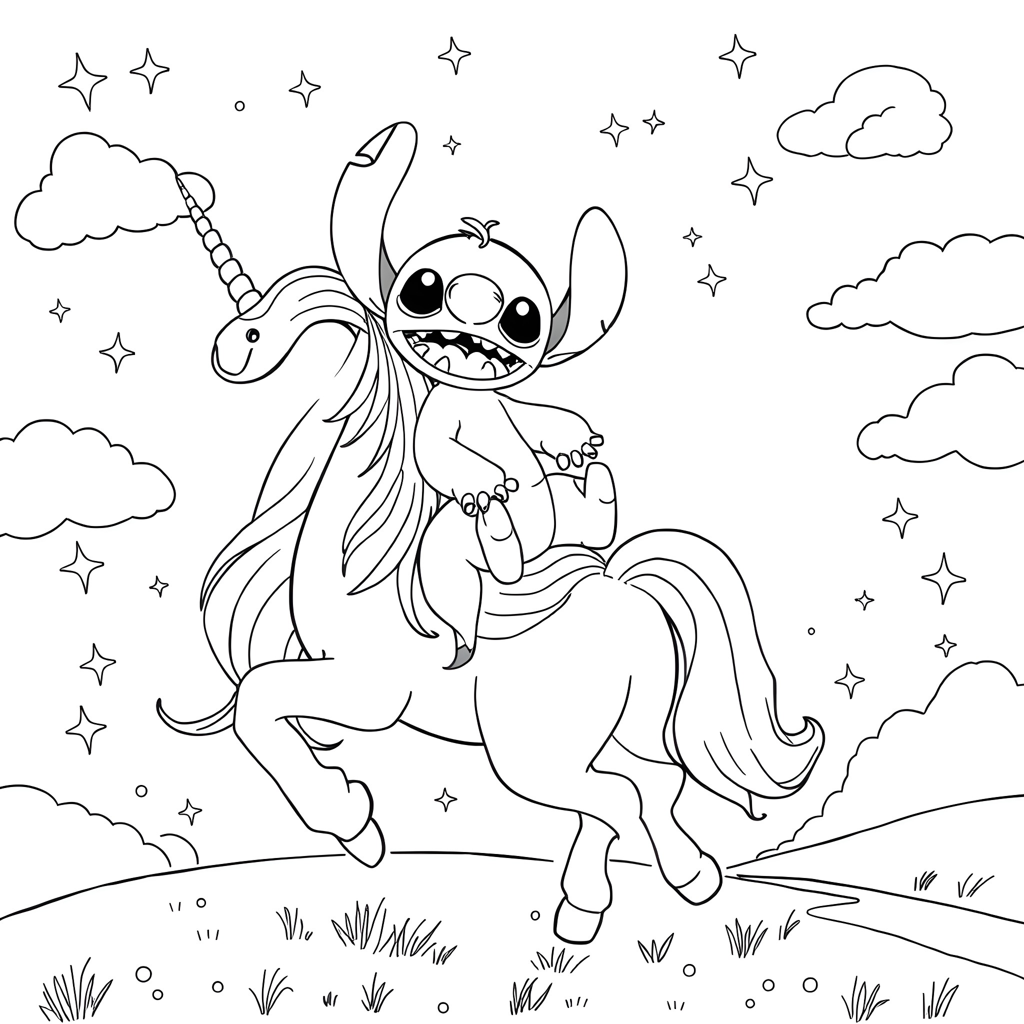 Stitch riding a unicorn in the starry night sky Coloring Page (free black-and-white line drawing printable PDF for all, from beginners to advanced learners, including children, teens, adults, and seniors)
