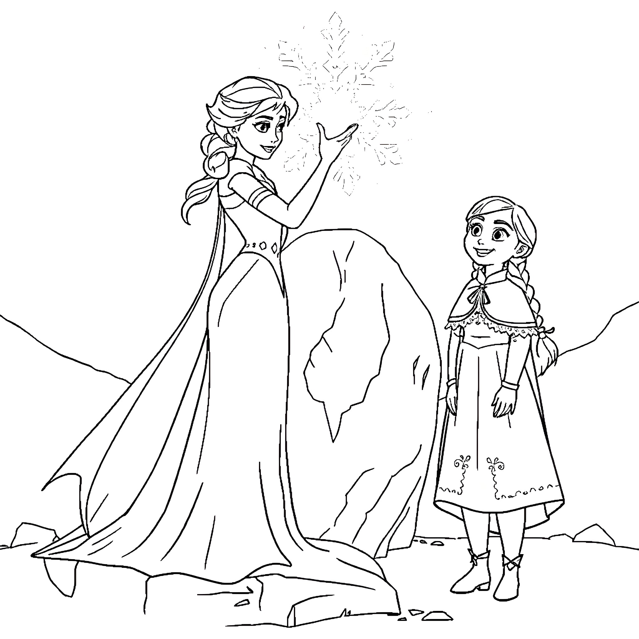 Elsa and Anna in Magical Winter Wonderland Coloring Page (free black-and-white line drawing printable PDF for all, from beginners to advanced learners, including children, teens, adults, and seniors)