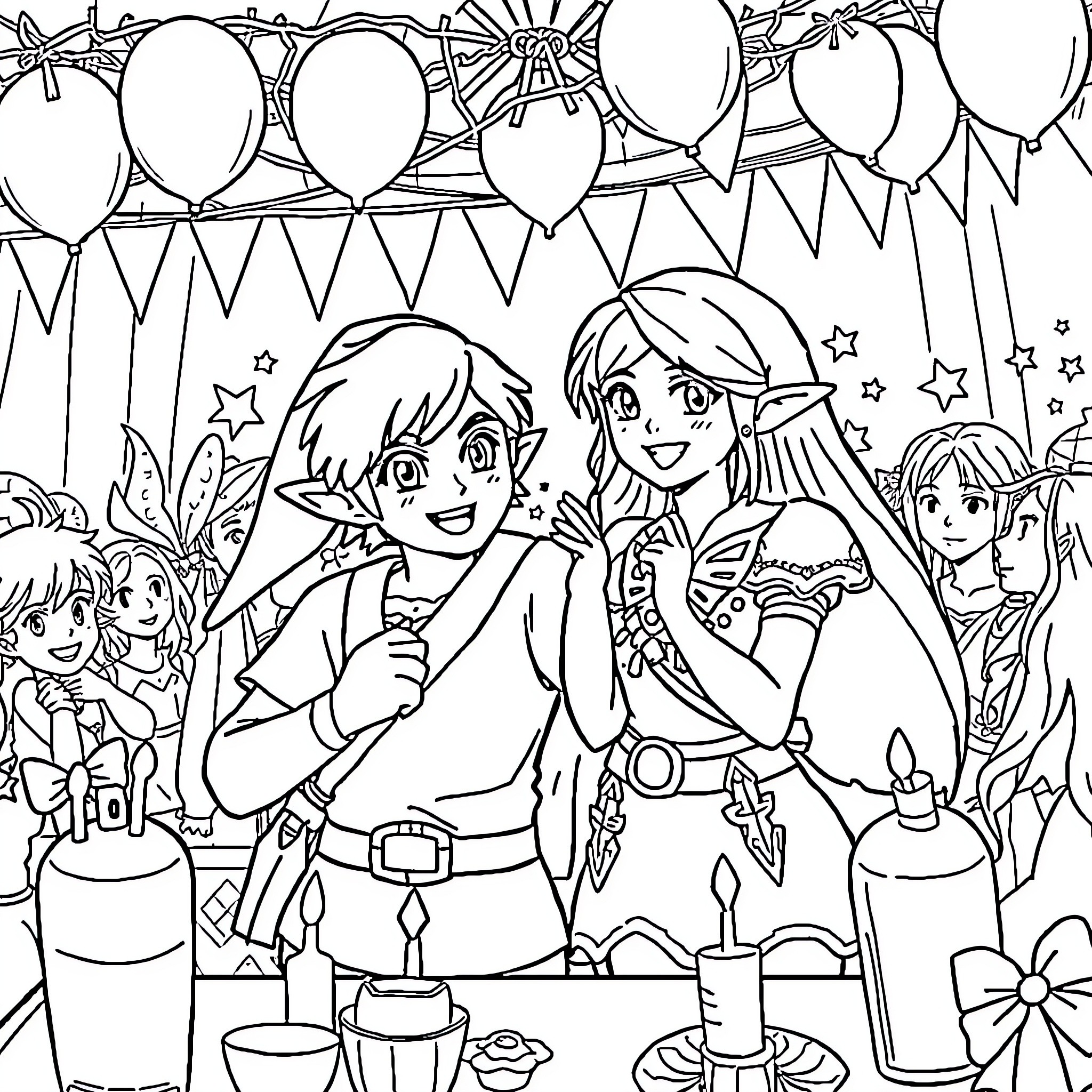 Link to a Birthday Party Celebration Coloring Page (free black-and-white line drawing printable PDF for all, from beginners to advanced learners, including children, teens, adults, and seniors)