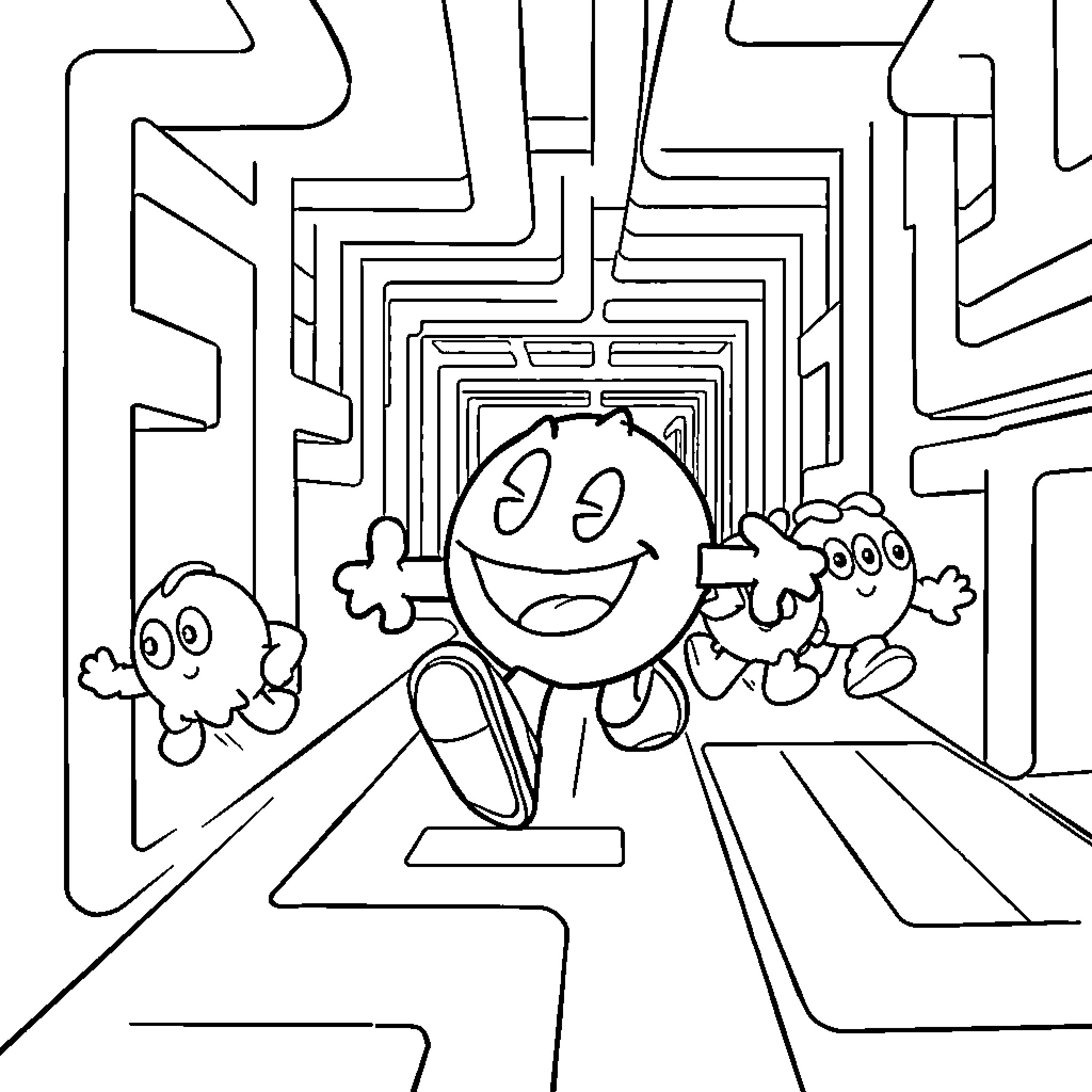 Pacman characters exploring a maze-like environment Coloring Page (free black-and-white line drawing printable PDF for all, from beginners to advanced learners, including children, teens, adults, and seniors)