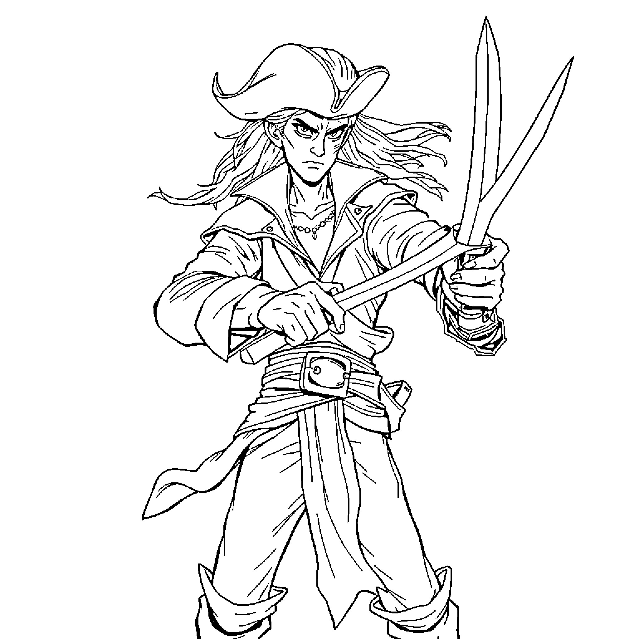 Rogue Pirate Warrior Wielding Swords Coloring Page (free black-and-white line drawing printable PDF for all, from beginners to advanced learners, including children, teens, adults, and seniors)