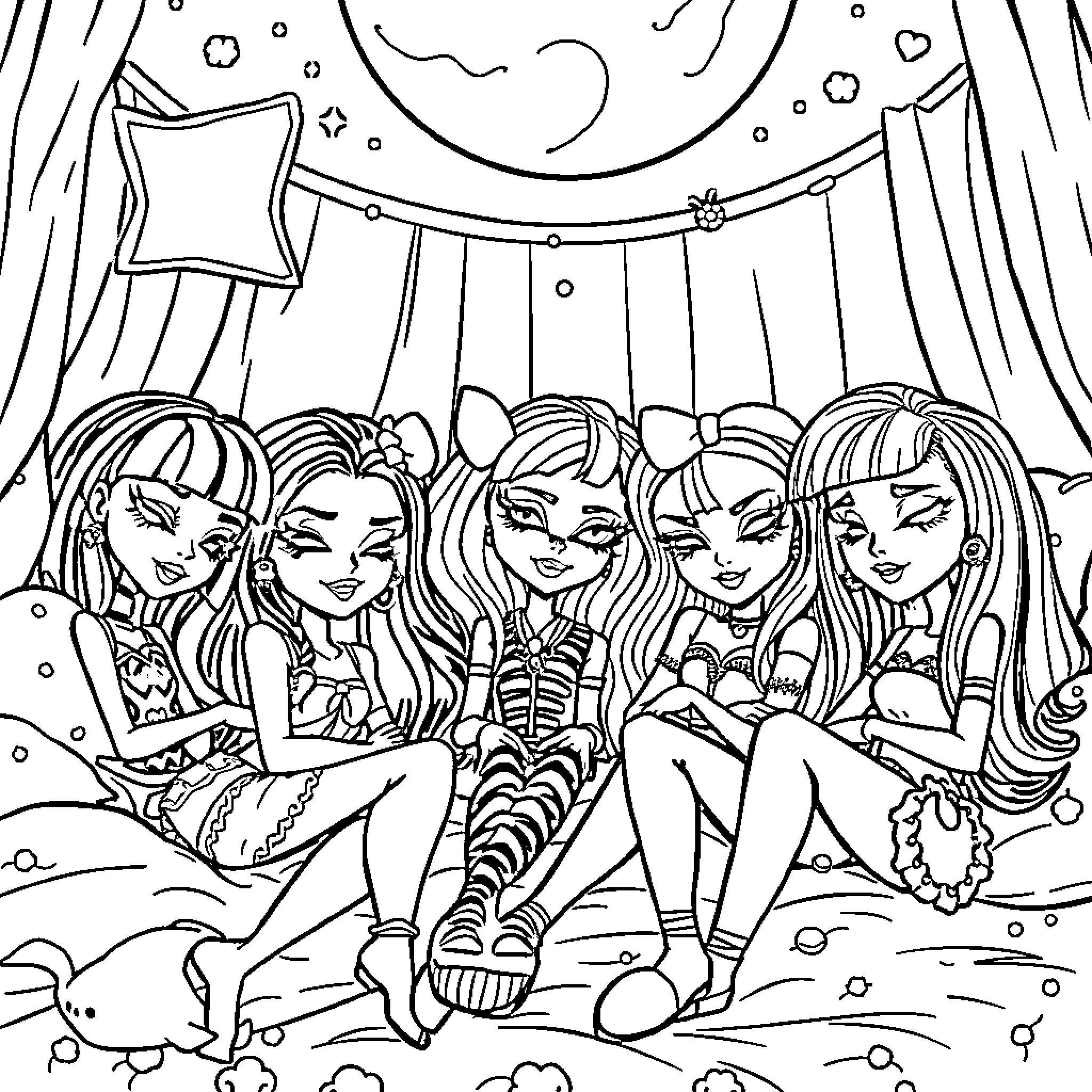 Monster group of girls posing in colorful outfits Coloring Page (free black-and-white line drawing printable PDF for all, from beginners to advanced learners, including children, teens, adults, and seniors)