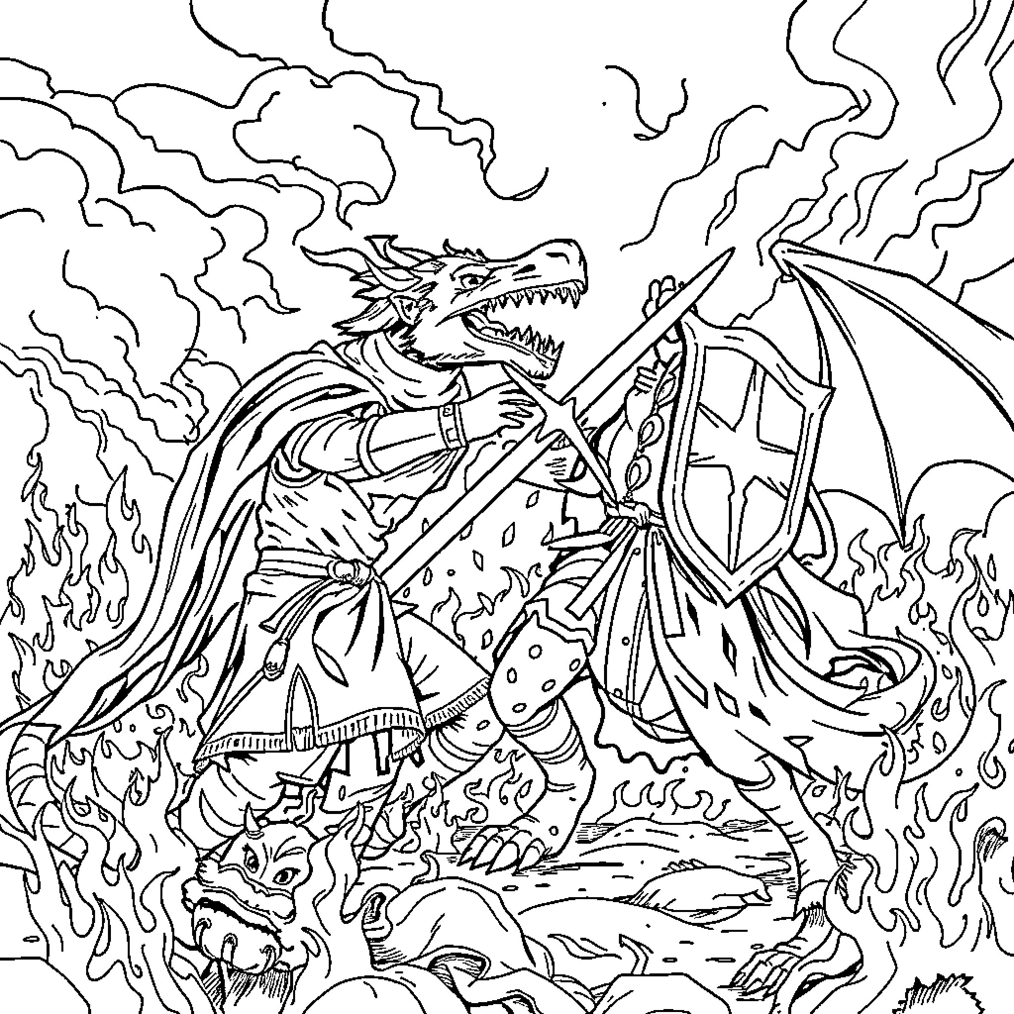 Saint George slaying the fearsome dragon Coloring Page (free black-and-white line drawing printable PDF for all, from beginners to advanced learners, including children, teens, adults, and seniors)