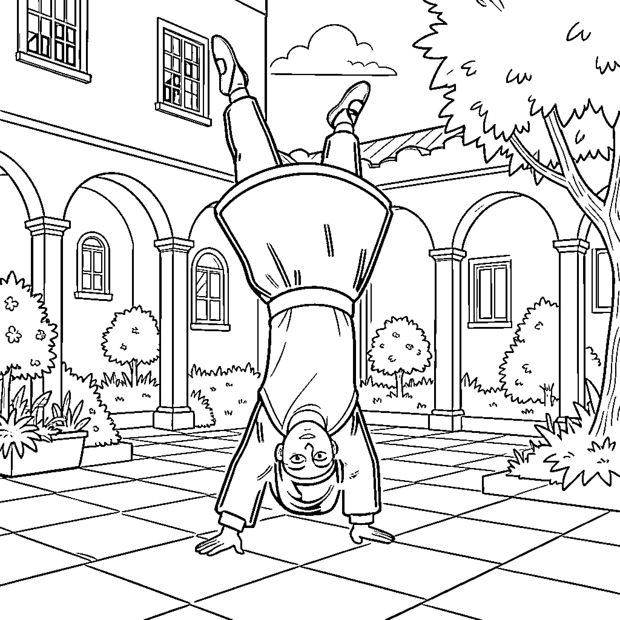 Nun performing acrobatic feat in courtyard Coloring Page (free black-and-white line drawing printable PDF for all, from beginners to advanced learners, including children, teens, adults, and seniors)