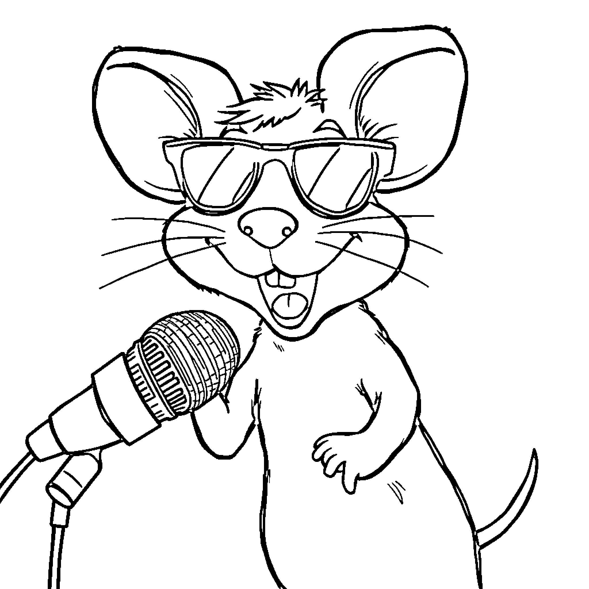 MC Pieps performing with microphone and glasses Coloring Page (free black-and-white line drawing printable PDF for all, from beginners to advanced learners, including children, teens, adults, and seniors)