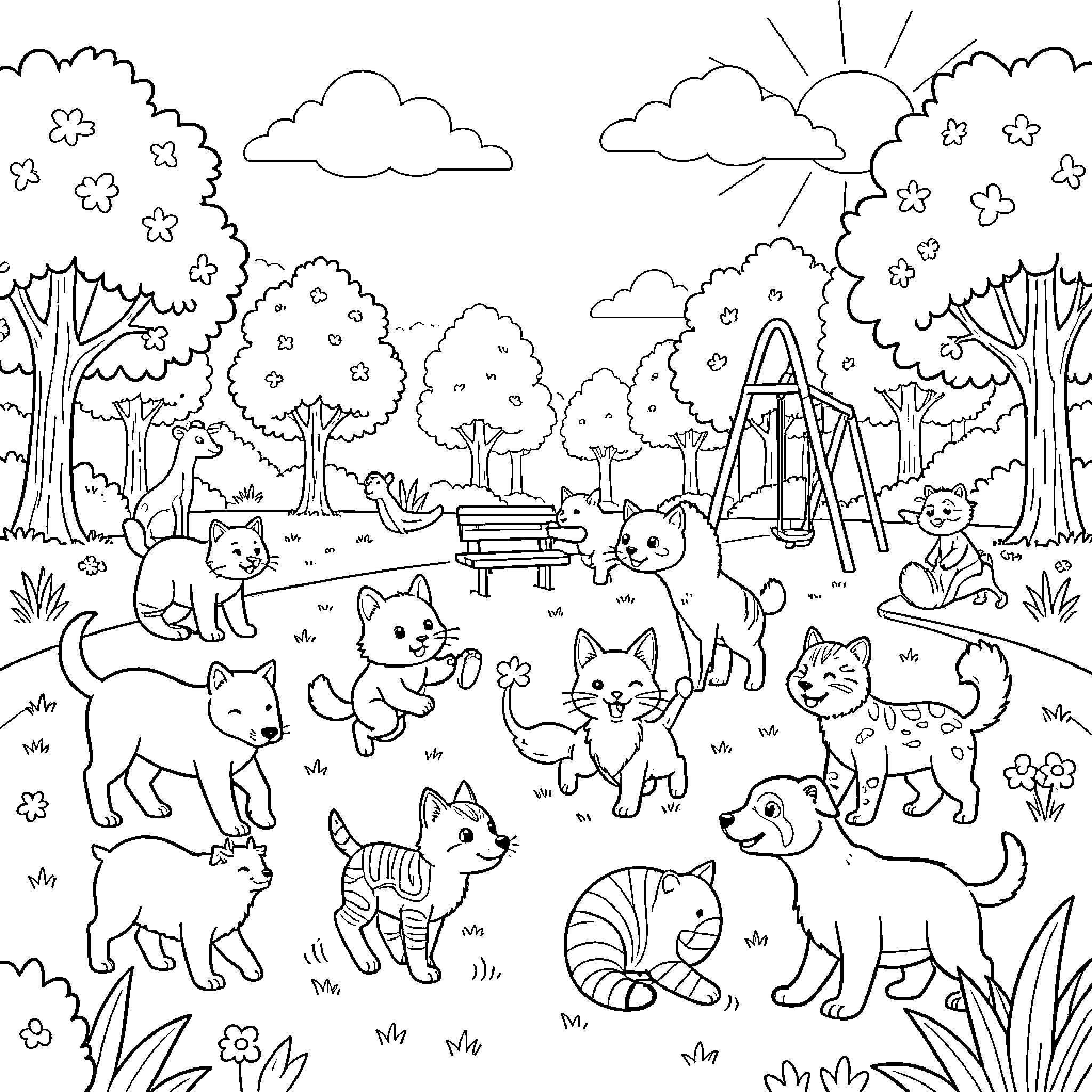 Animal playing happily in colorful park scene Coloring Page (free black-and-white line drawing printable PDF for all, from beginners to advanced learners, including children, teens, adults, and seniors)