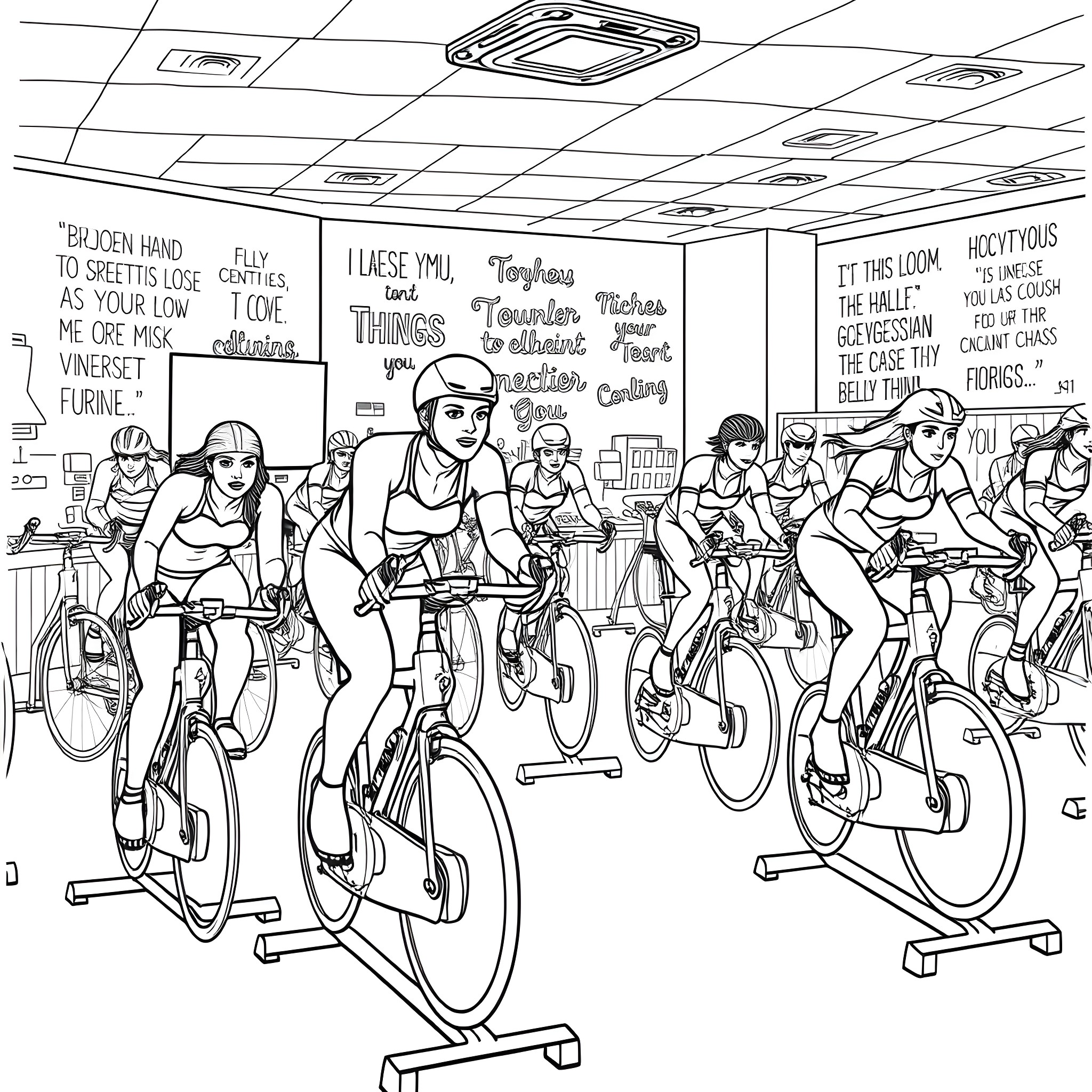 Spin Zone: Cyclists Pedaling to the Beat in a Fitness Studio Coloring Page (free black-and-white line drawing printable PDF for all, from beginners to advanced learners, including children, teens, adults, and seniors)