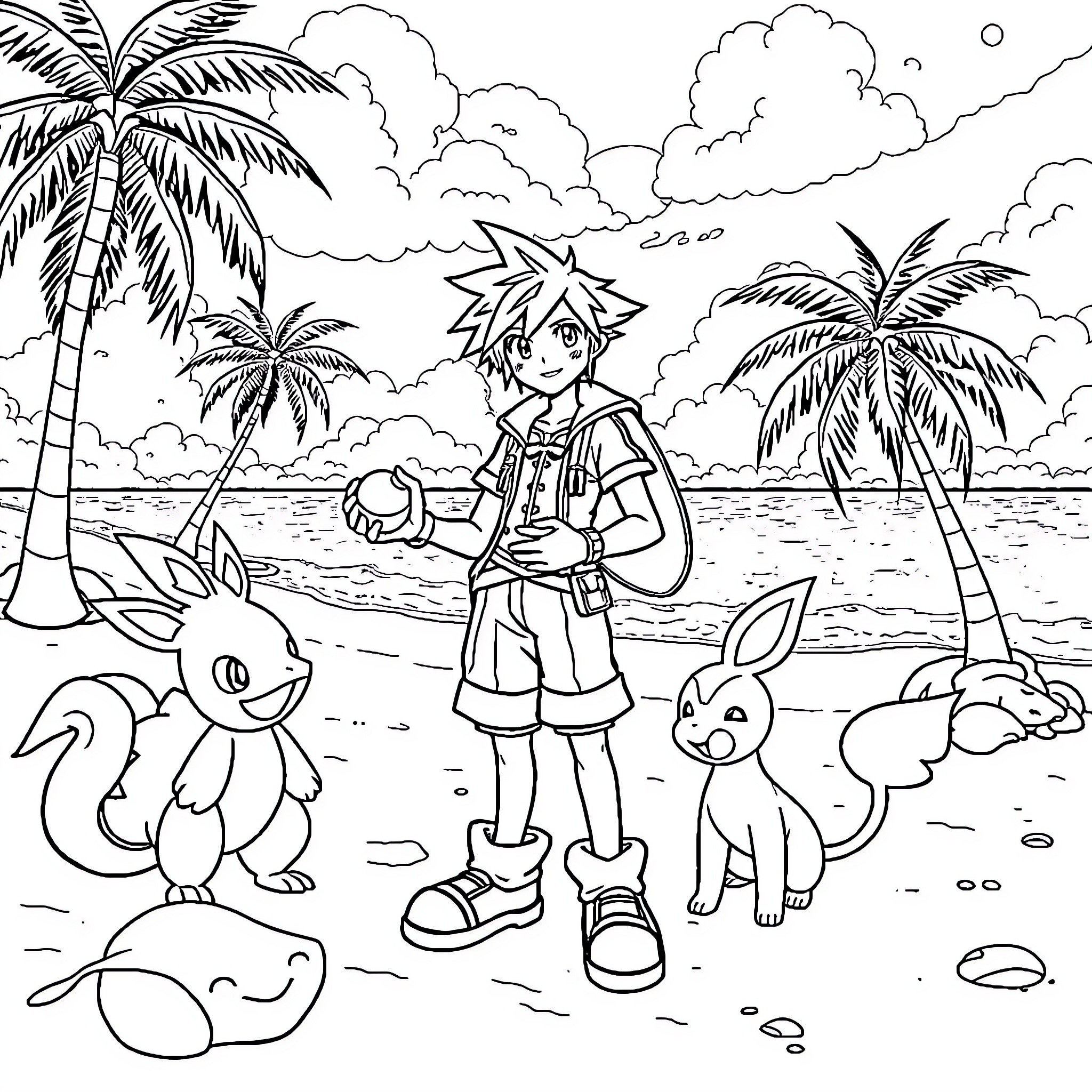 Sora's tropical adventure with friends on the beach Coloring Page (free black-and-white line drawing printable PDF for all, from beginners to advanced learners, including children, teens, adults, and seniors)