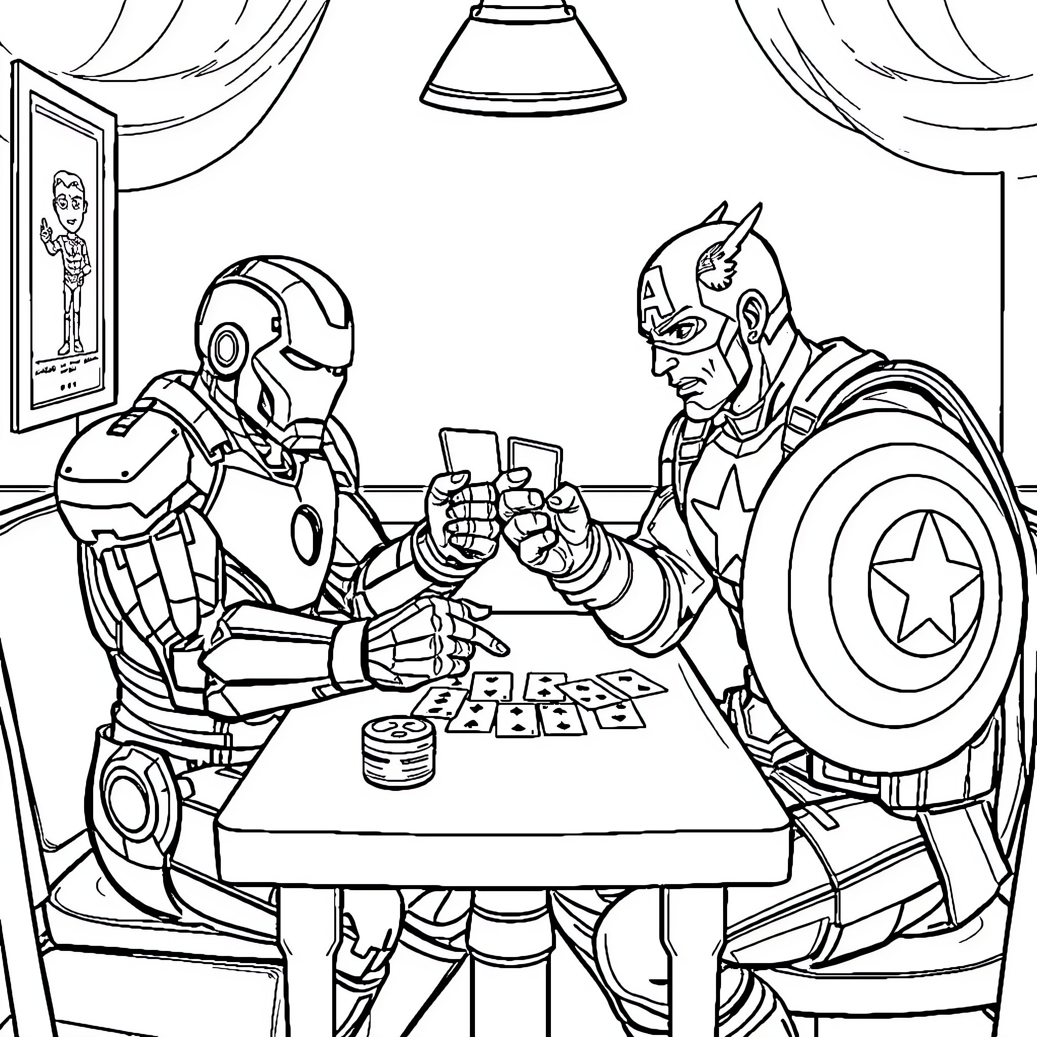 Iron Man and Captain America Enjoy a Game Night Coloring Page (free black-and-white line drawing printable PDF for all, from beginners to advanced learners, including children, teens, adults, and seniors)