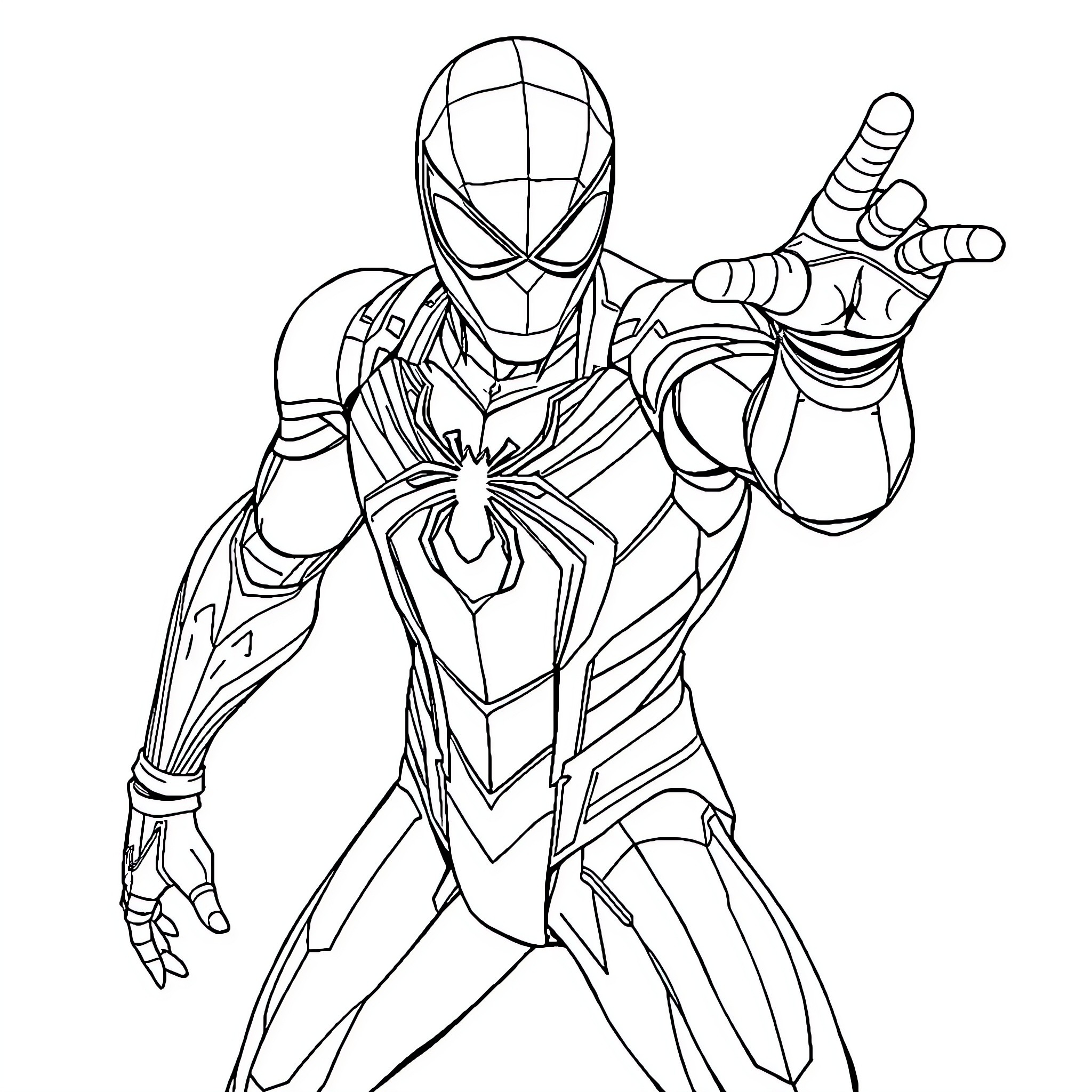 Iron Spider heroically posing in combat gear Coloring Page (free black-and-white line drawing printable PDF for all, from beginners to advanced learners, including children, teens, adults, and seniors)